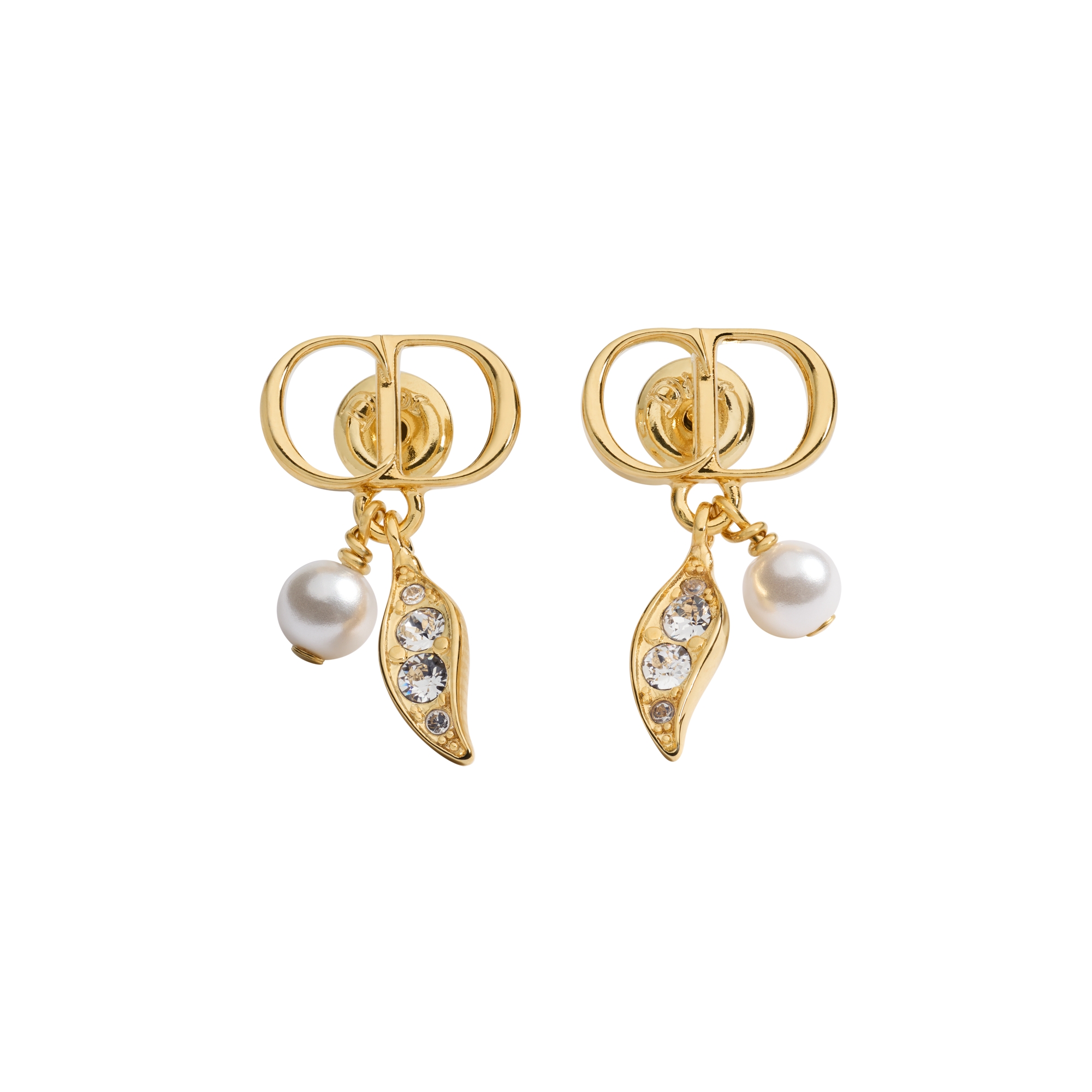 CD Mini Lily Earrings Gold-Finish Metal, White Resin Pearls and Crystals E01