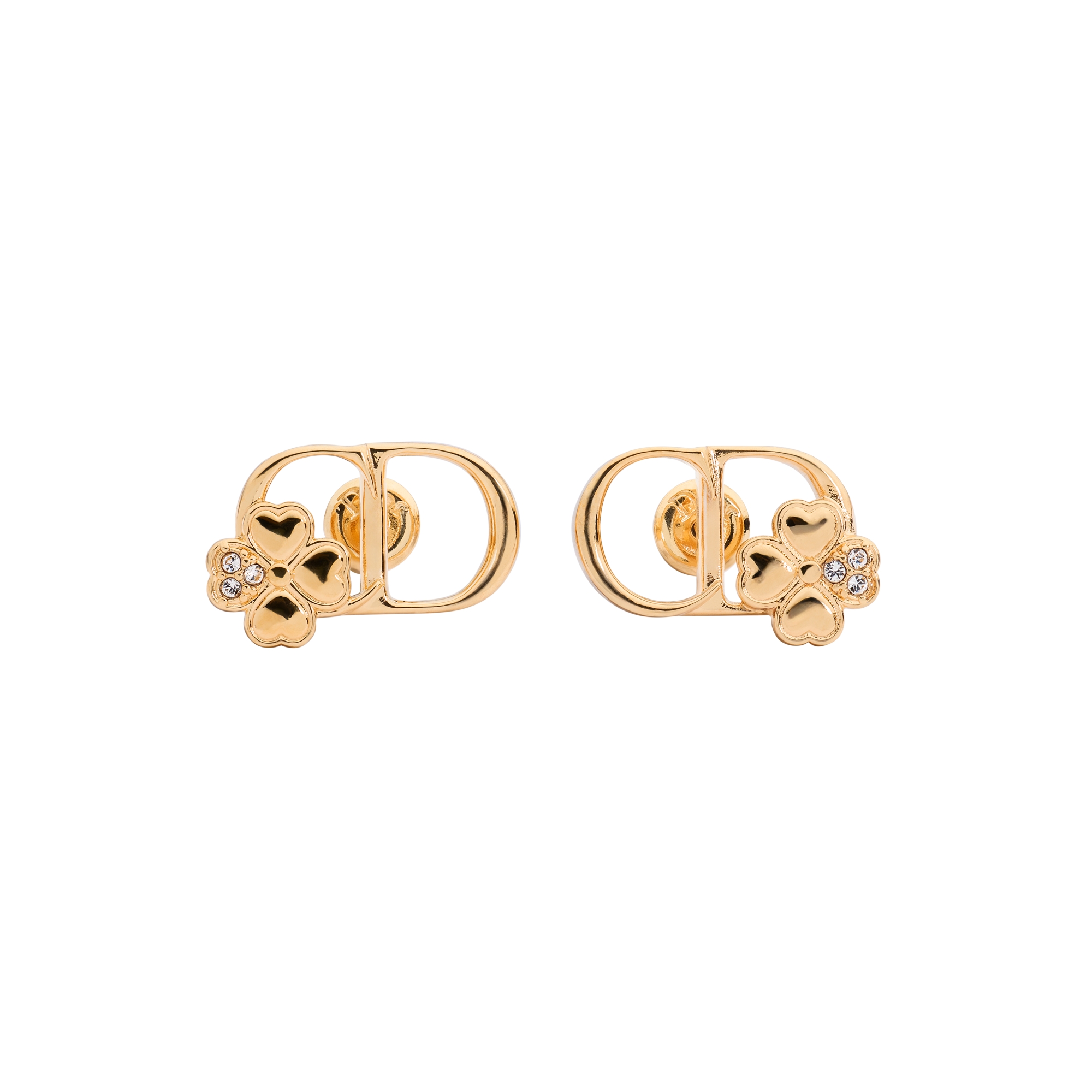 CD Pearly Clover Stud Earrings Gold-Finish Metal and Crystals