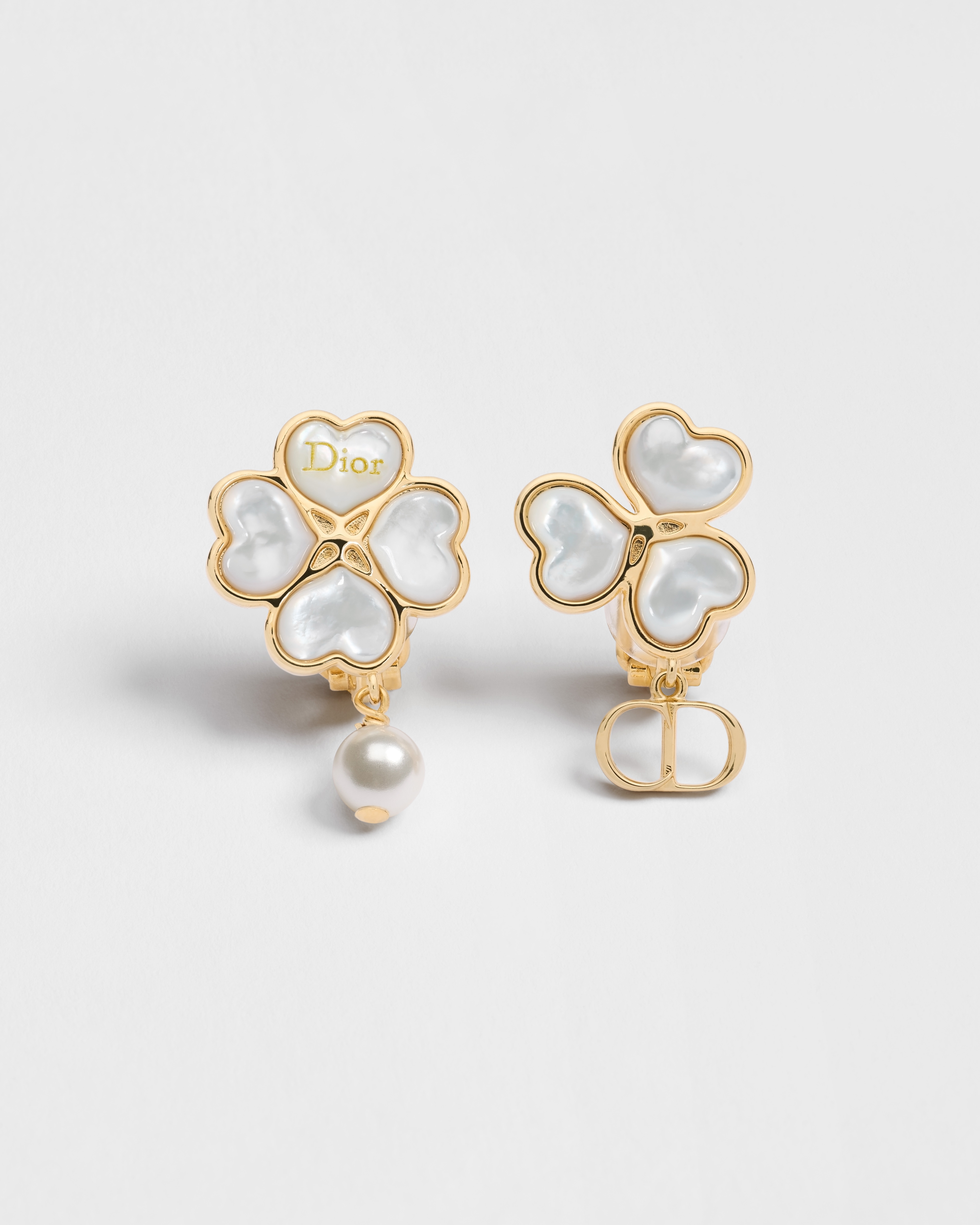 Dior Sparkling Clover Clip-On Earrings Gold-Finish Metal, White Resin Pearl and Mother-of-Pearl E01