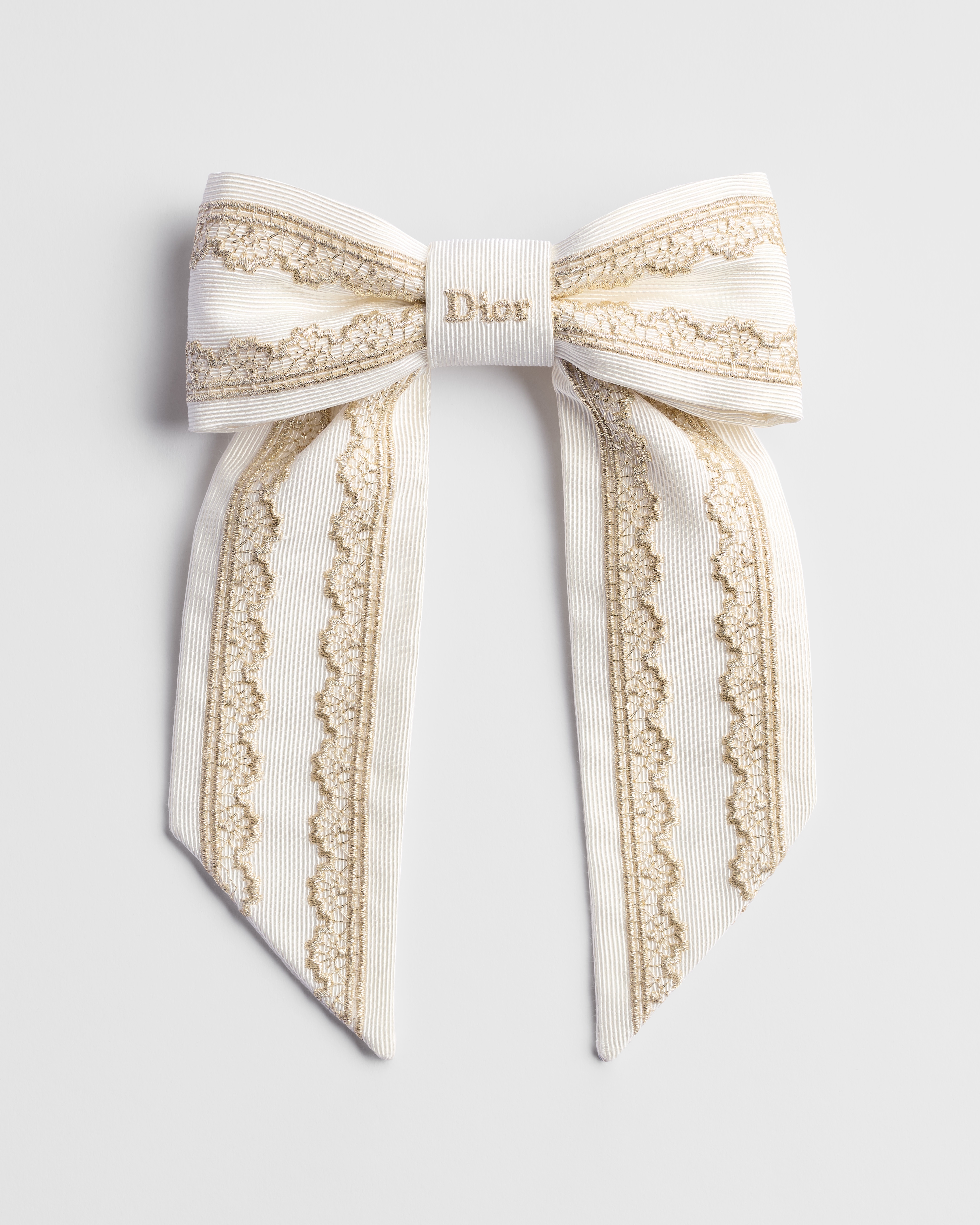 Large Dior Twist Bow Ecru Grosgrain-Effect Technical Fabric Embroidered with Gold-Tone Metallic Thread E01