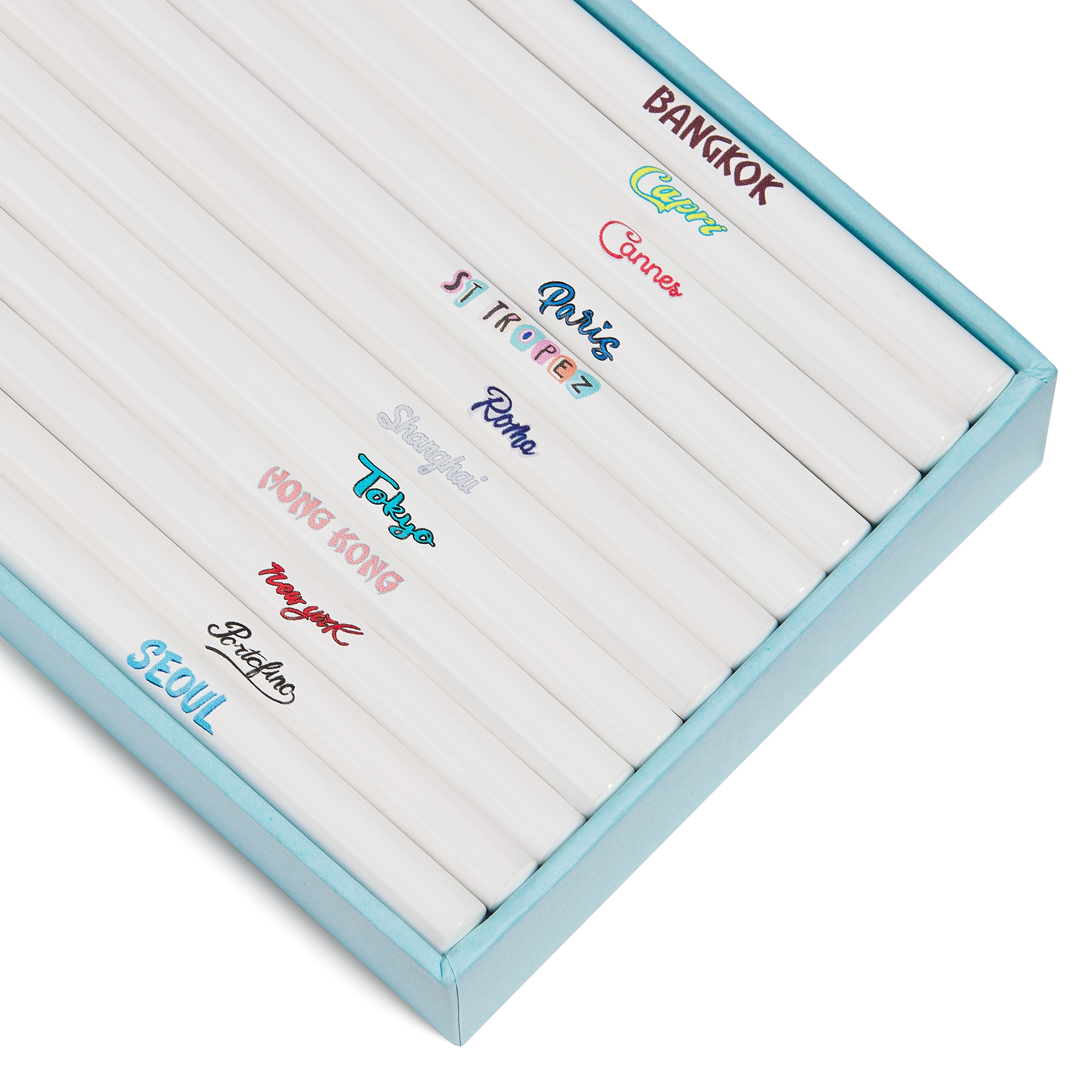 Set of 12 Colored Pencils Blue Paperboard with Multicolor Dioriviera Souvenir Motif E09