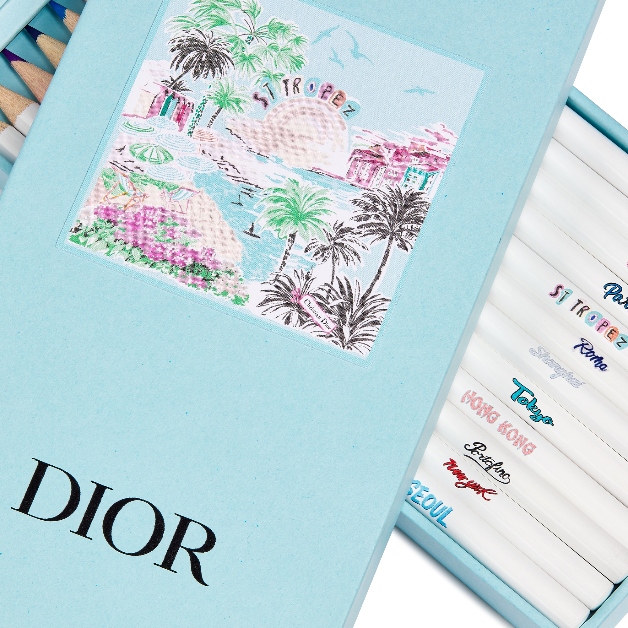 Set of 12 Colored Pencils Blue Paperboard with Multicolor Dioriviera Souvenir Motif E11