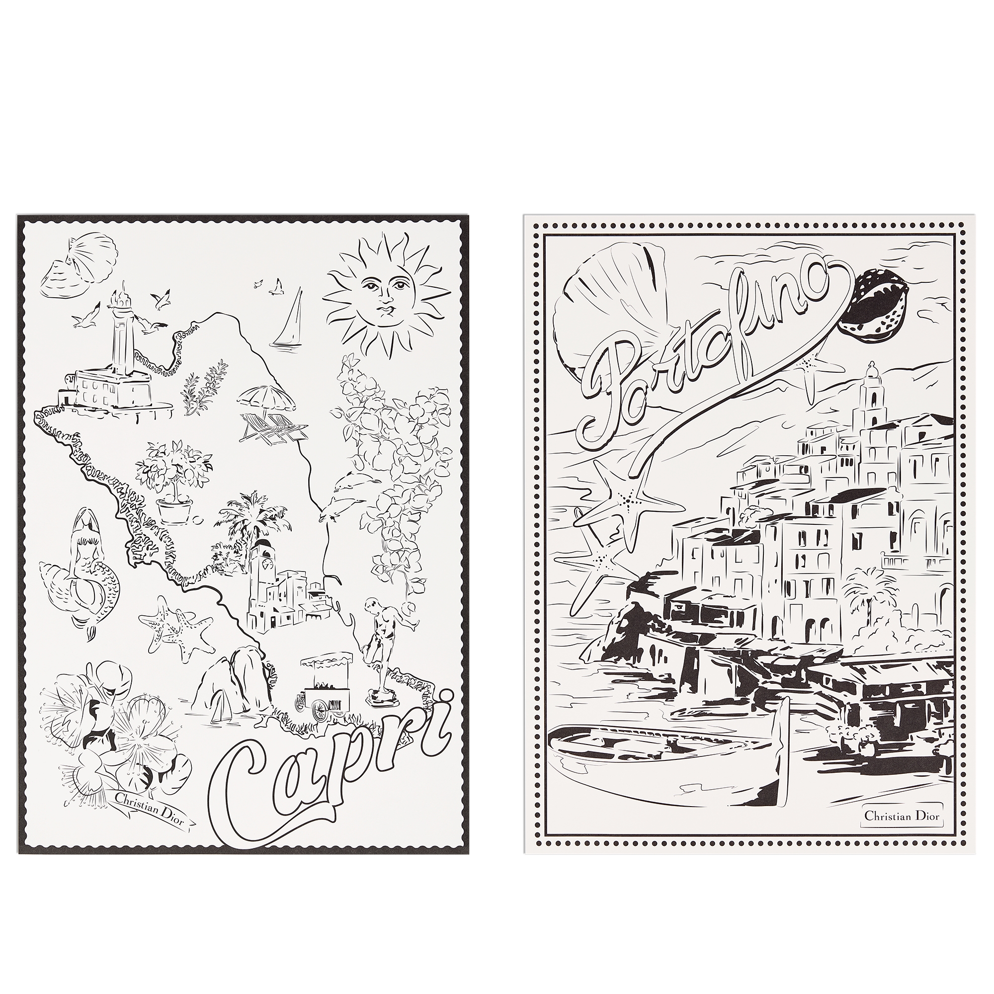 Set of Eight Coloring Pages White and Blue Paper with Multicolor Dioriviera Souvenir Motif E09