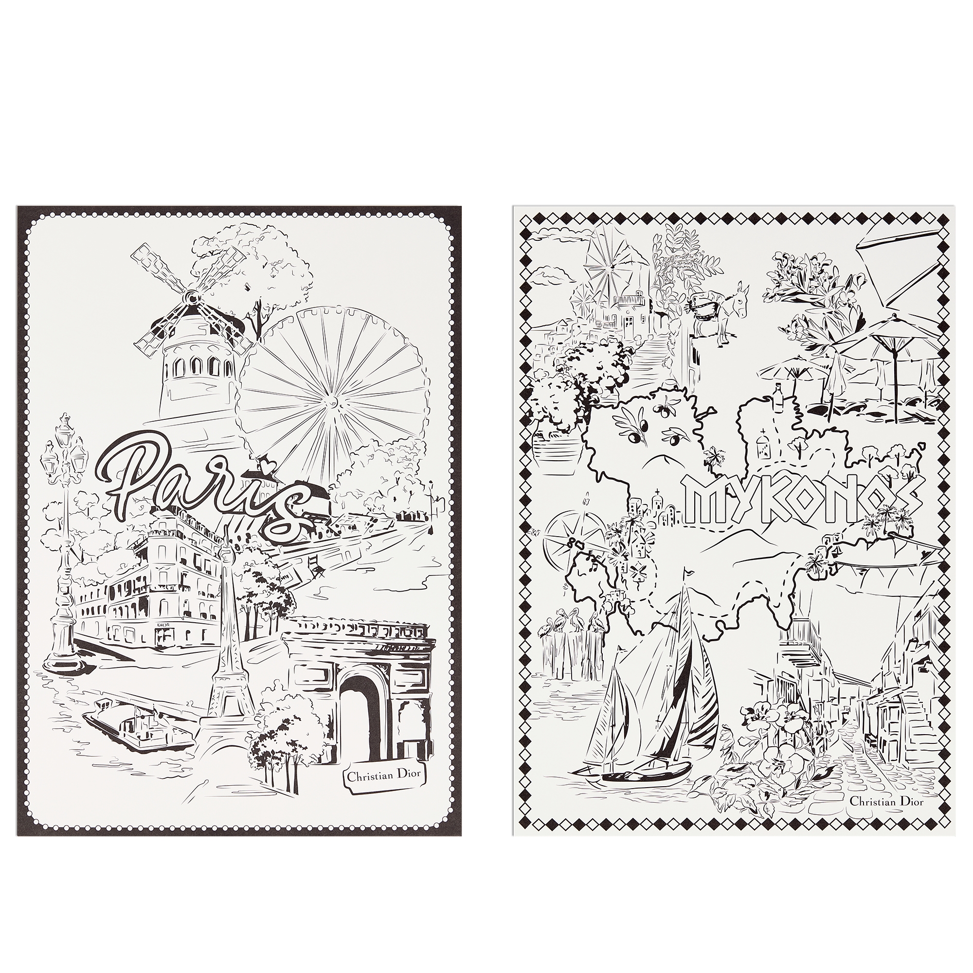 Set of Eight Coloring Pages White and Blue Paper with Multicolor Dioriviera Souvenir Motif E11