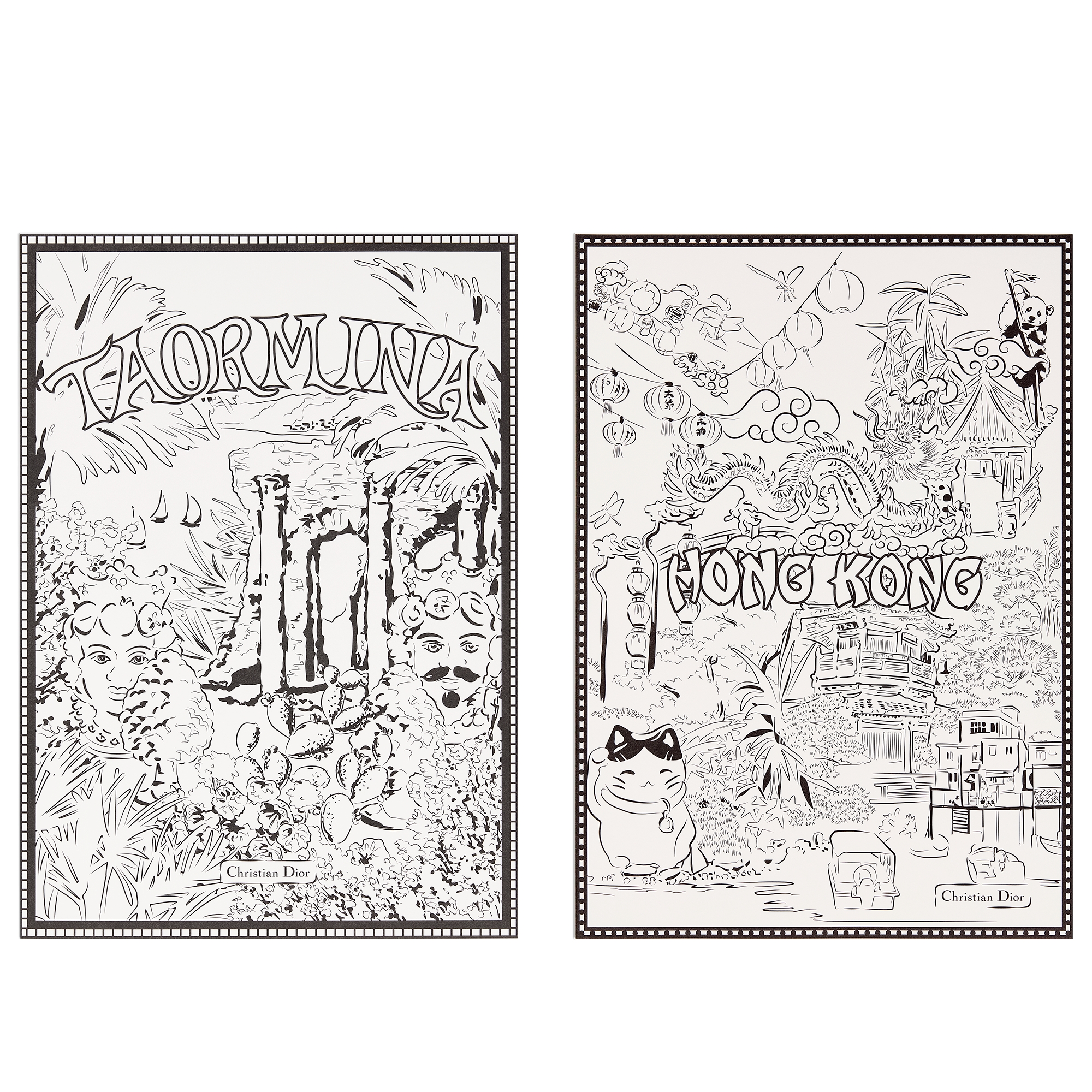 Set of Eight Coloring Pages White and Blue Paper with Multicolor Dioriviera Souvenir Motif E12