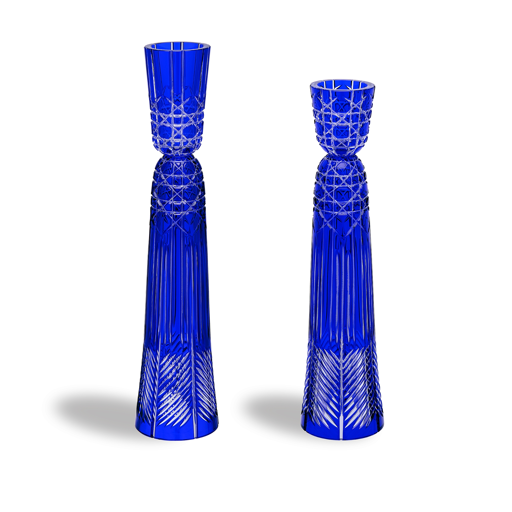Set of Two Candle Holders Blue Crystal with Cannage Motif E01