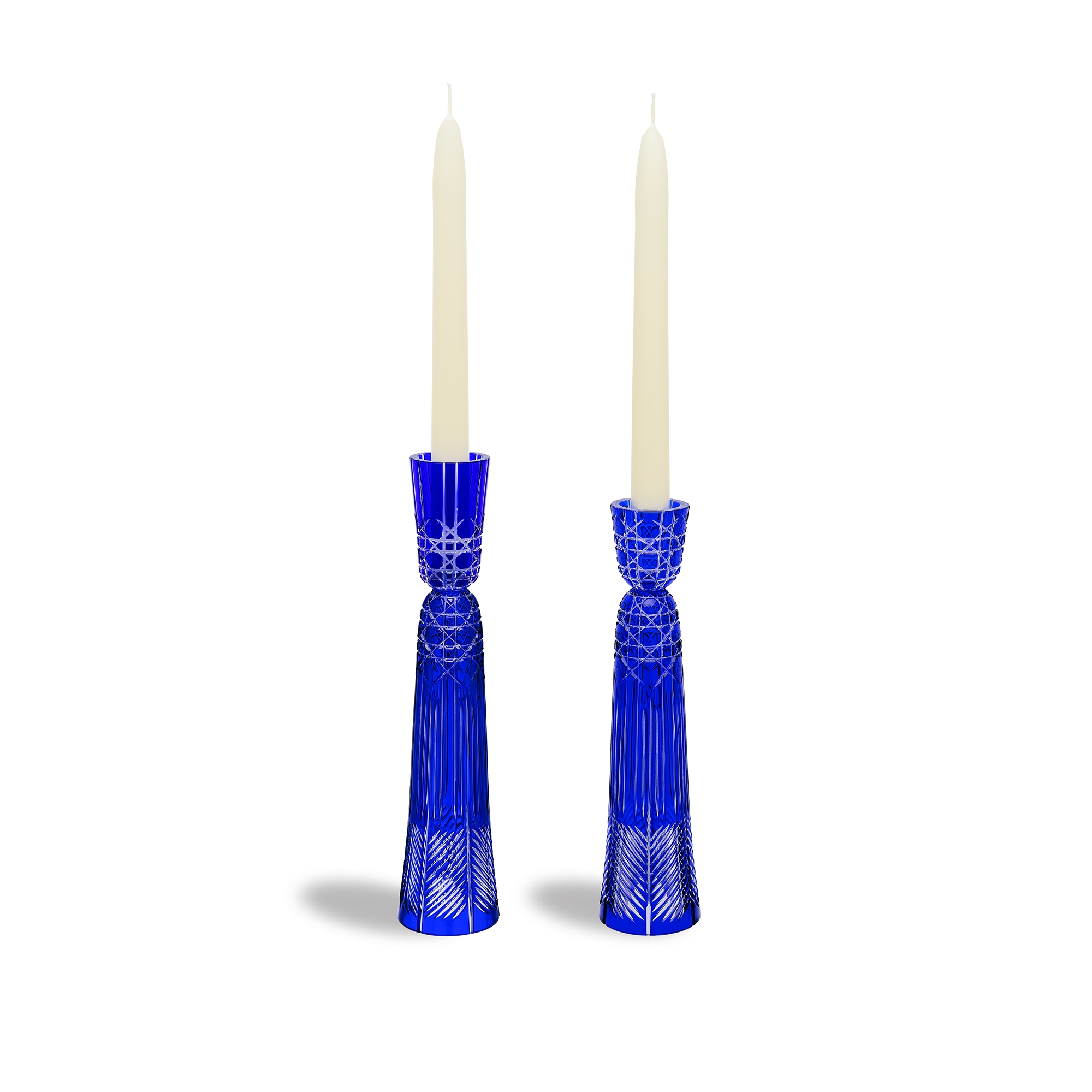 Set of Two Candle Holders Blue Crystal with Cannage Motif E09