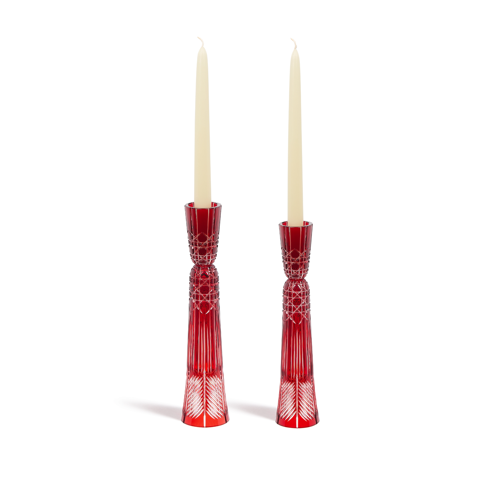 Set of Two Candle Holders Red Crystal with Cannage Motif E09