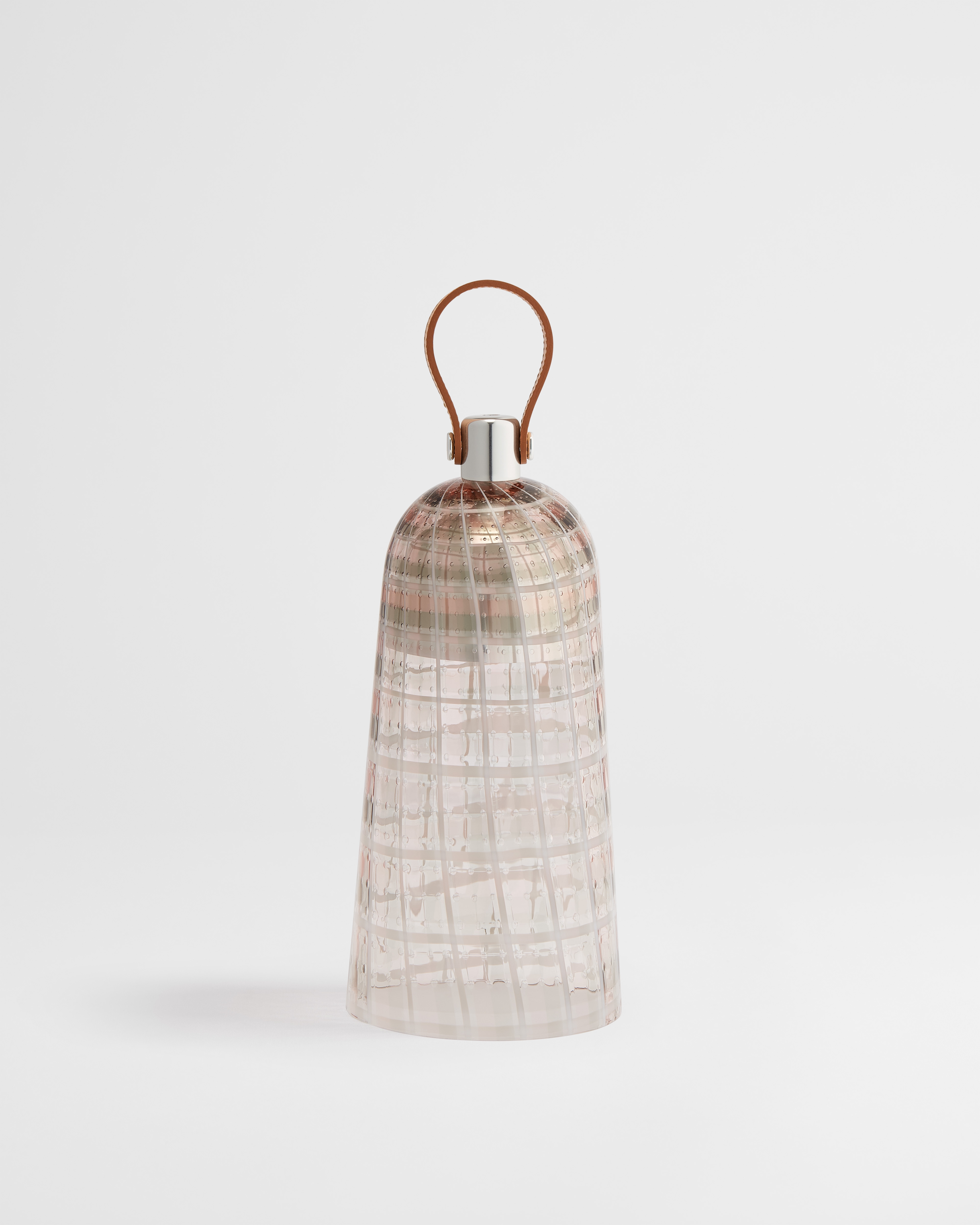 Corolle Arlequin Portable Lantern Transparent Gray and Pink Hand-Blown Murano Glass with Tartan Effect and Camel Calfskin E01