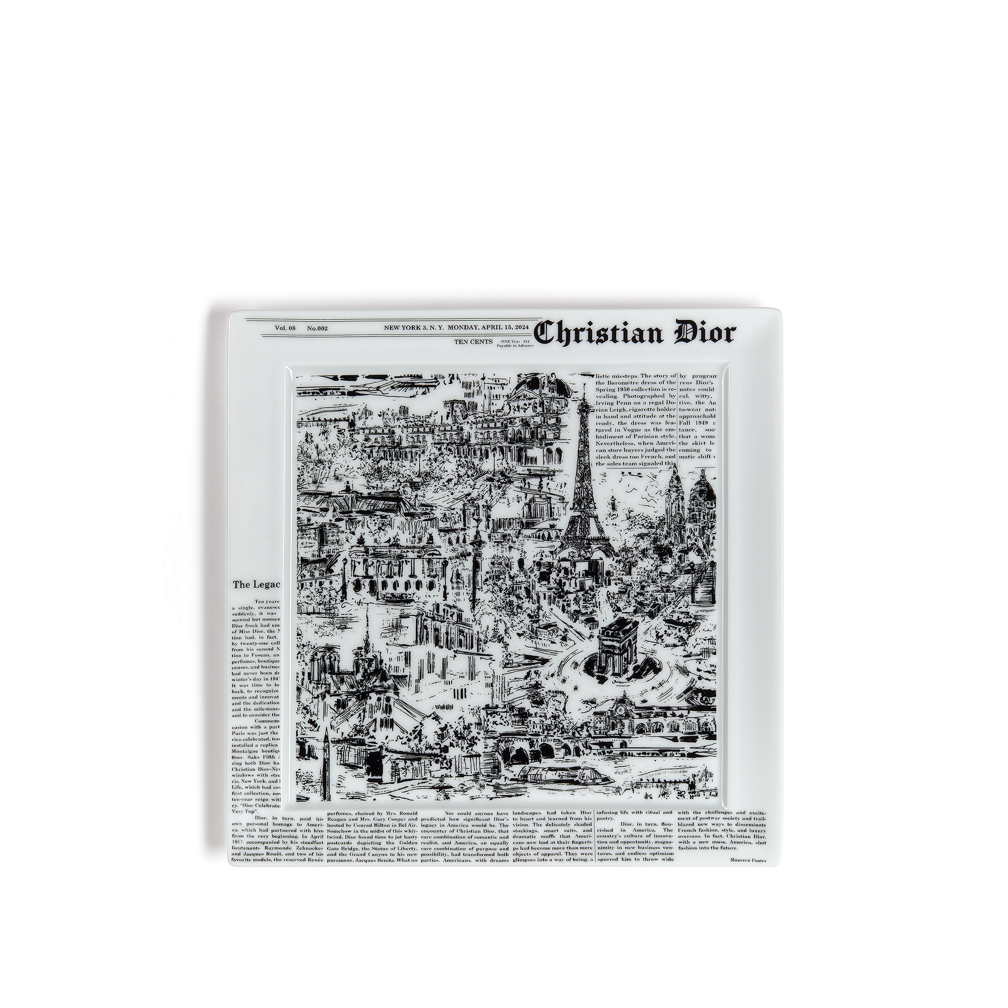 Decorative Trinket Tray White Limoges Porcelain with White and Black Newspaper Motif E01