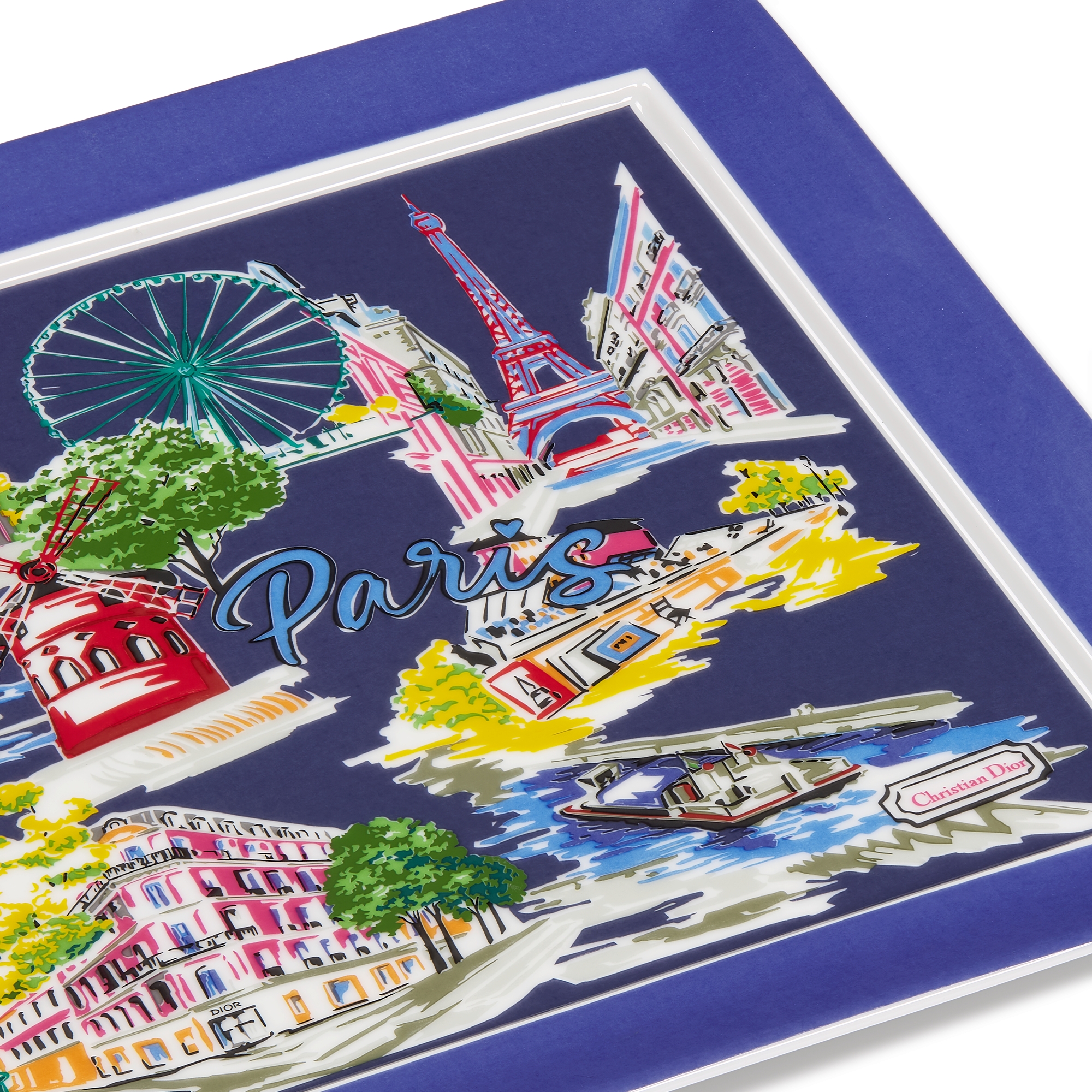 Trinket Tray White Limoges Porcelain with Multicolor Dioriviera Souvenir Motif E09