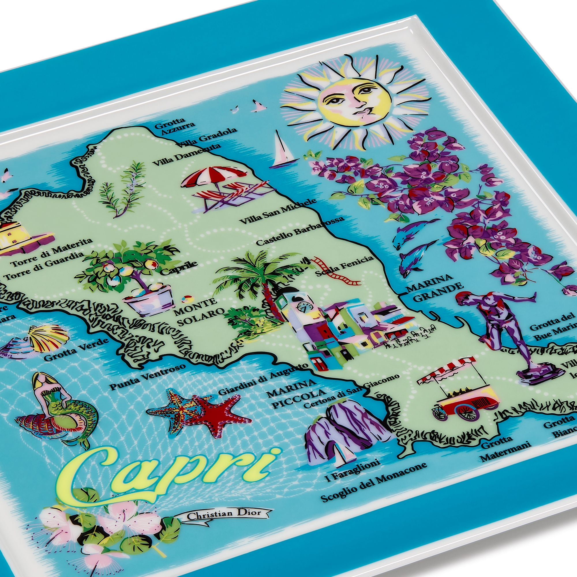 Trinket Tray White Limoges Porcelain with Multicolor Dioriviera Souvenir Motif E09