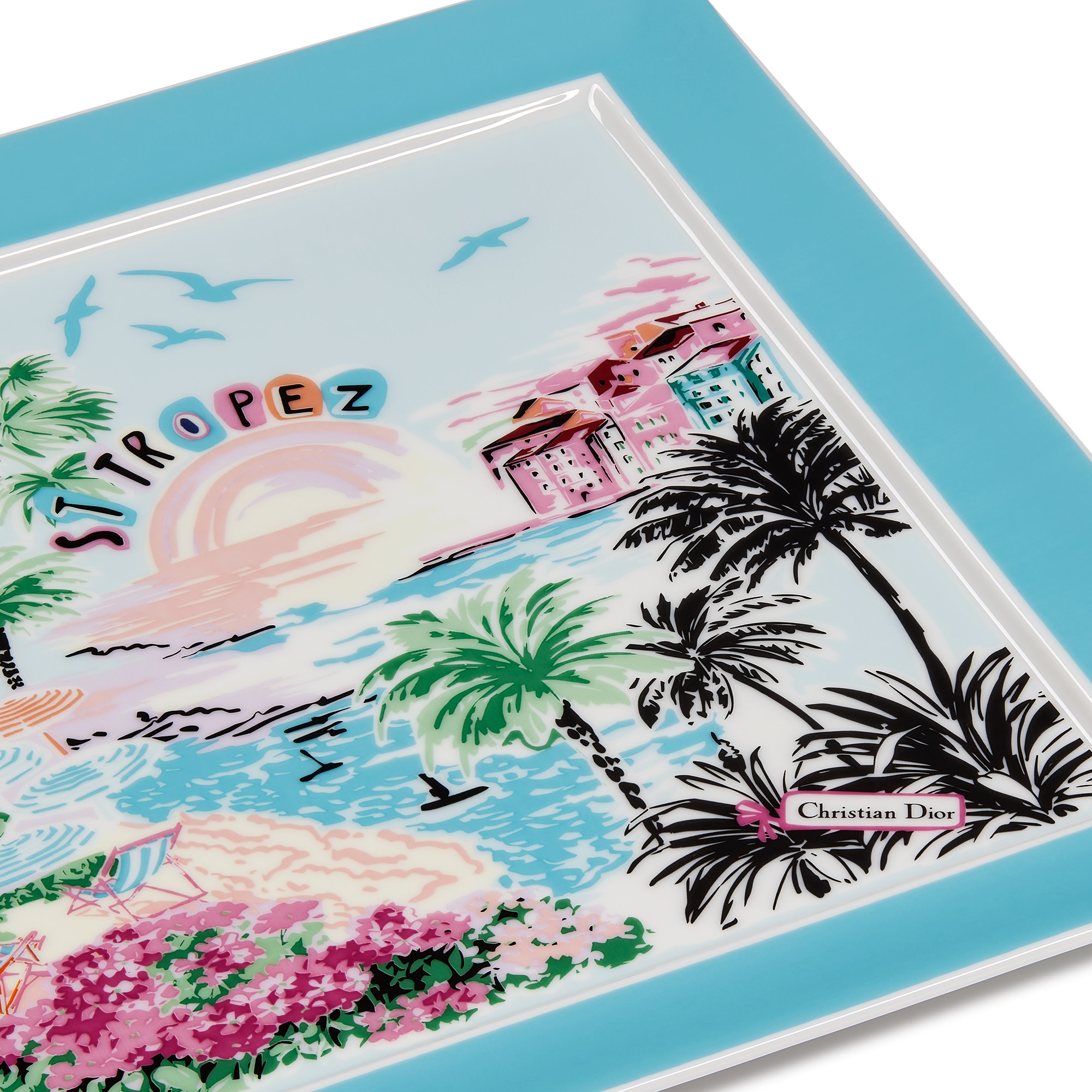 Trinket Tray White Limoges Porcelain with Multicolor Dioriviera Souvenir Motif E09