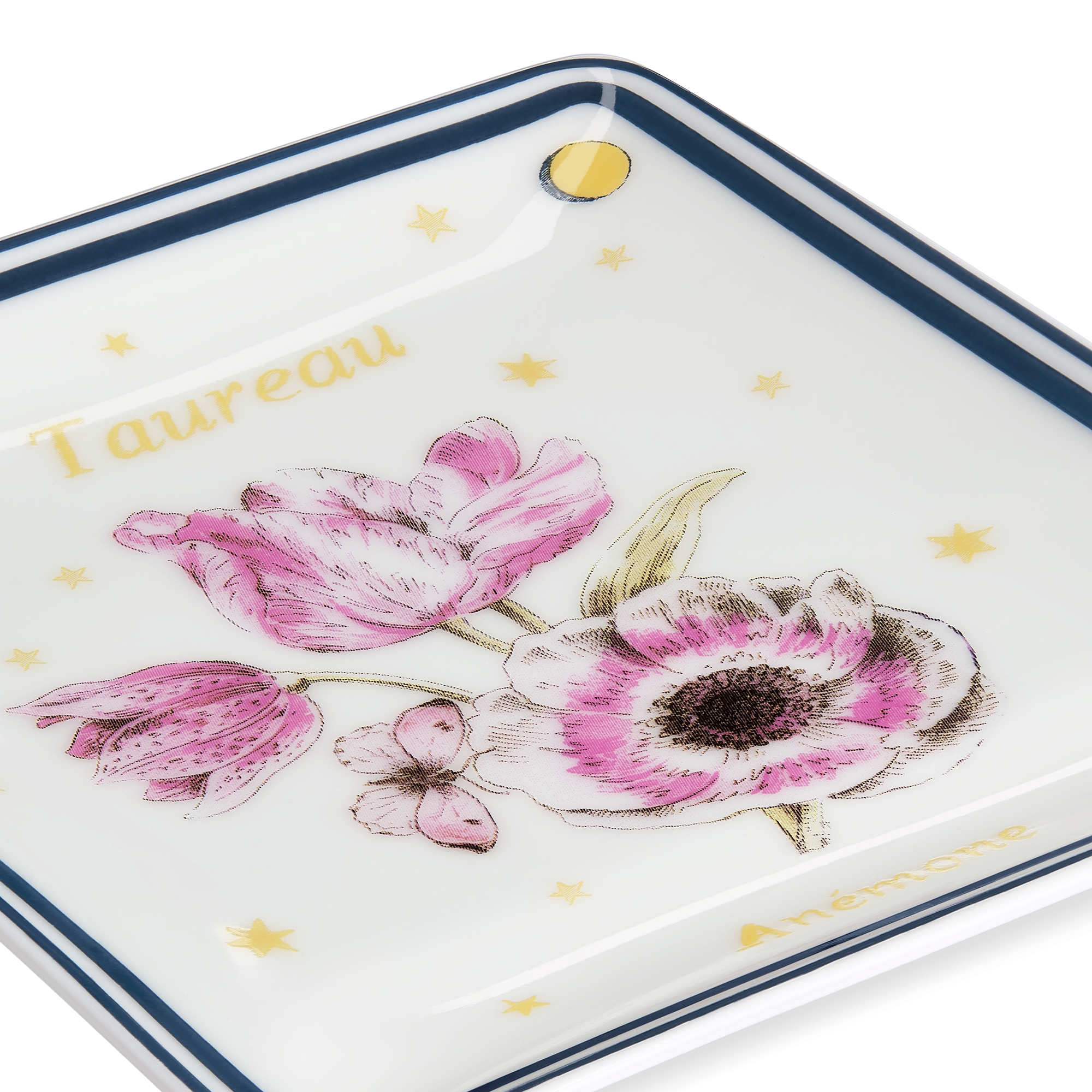 Trinket Tray Ecru Limoges Porcelain with Multicolor Fleur du Zodiac Taurus Motif E09