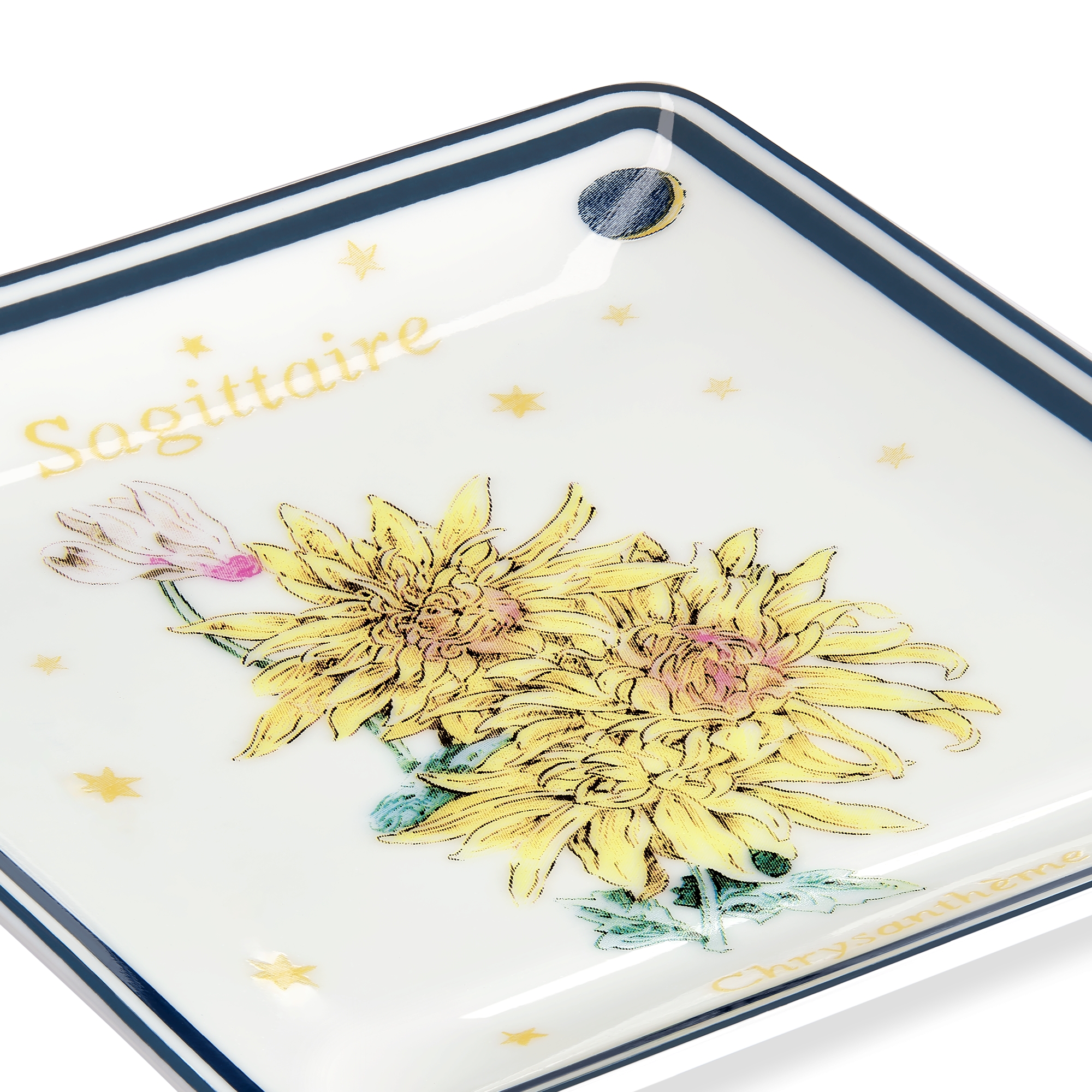Trinket Tray Ecru Limoges Porcelain with Multicolor Fleur du Zodiac Sagittarius Motif E09