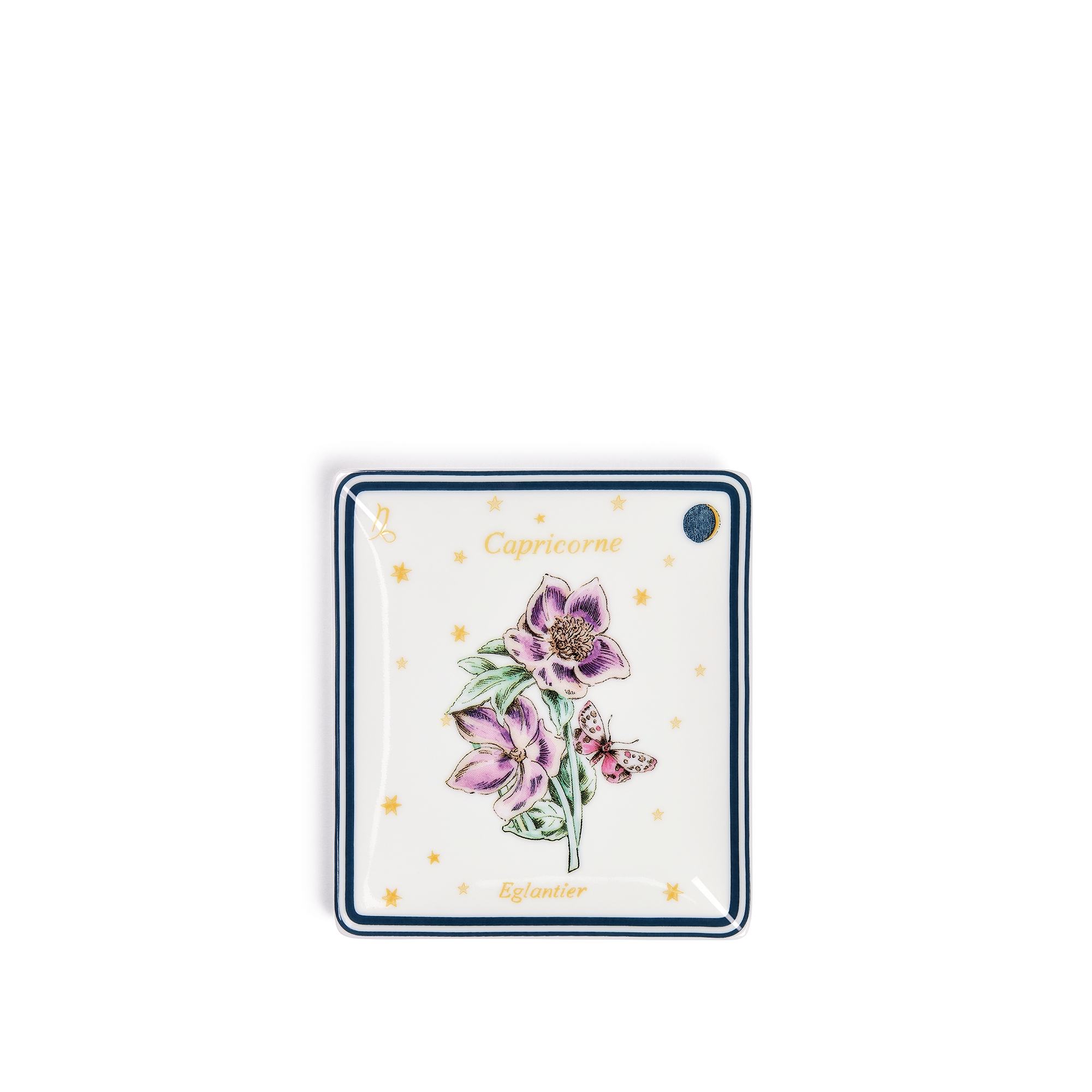 Trinket Tray Ecru Limoges Porcelain with Multicolor Fleur du Zodiac Capricorn Motif E01