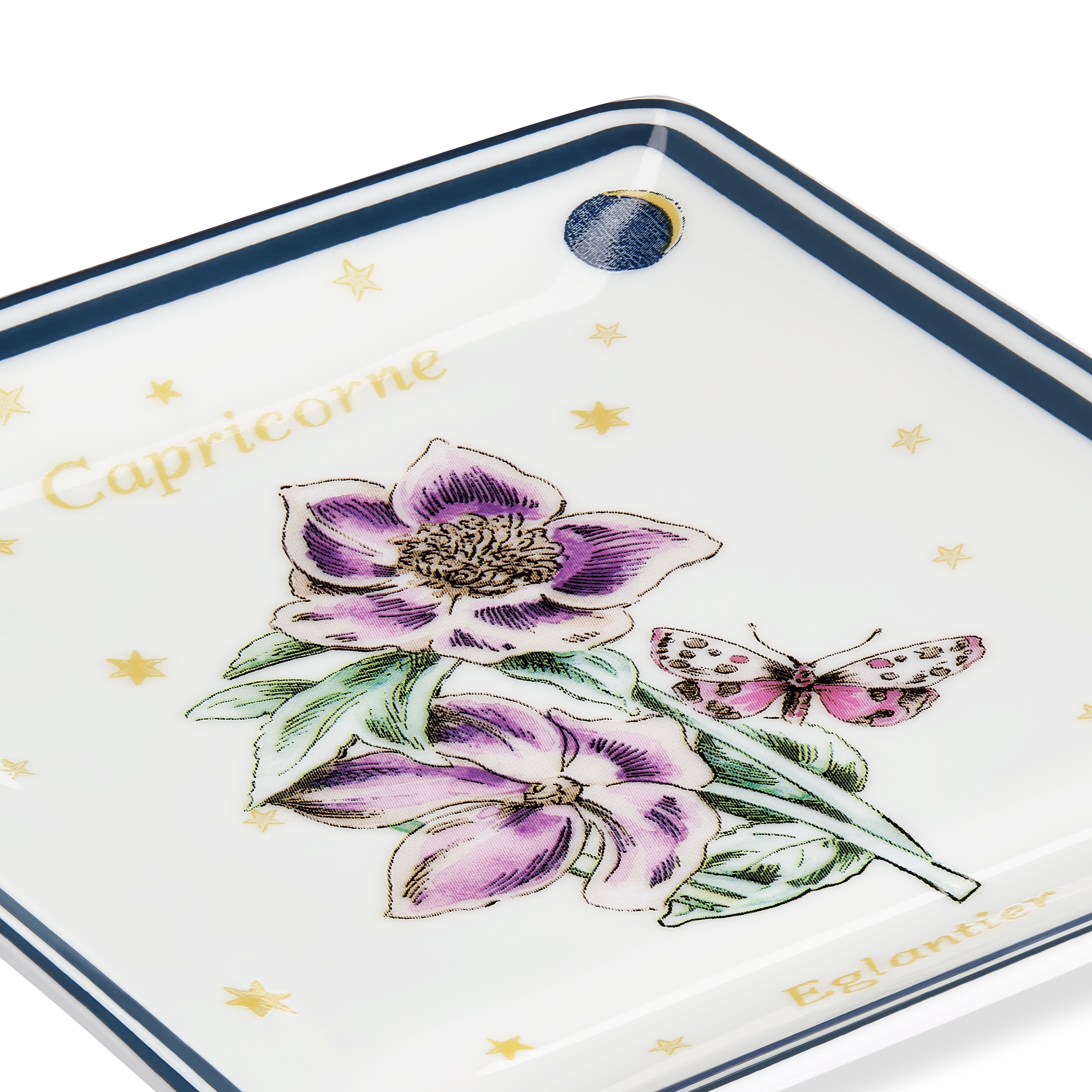 Trinket Tray Ecru Limoges Porcelain with Multicolor Fleur du Zodiac Capricorn Motif E09