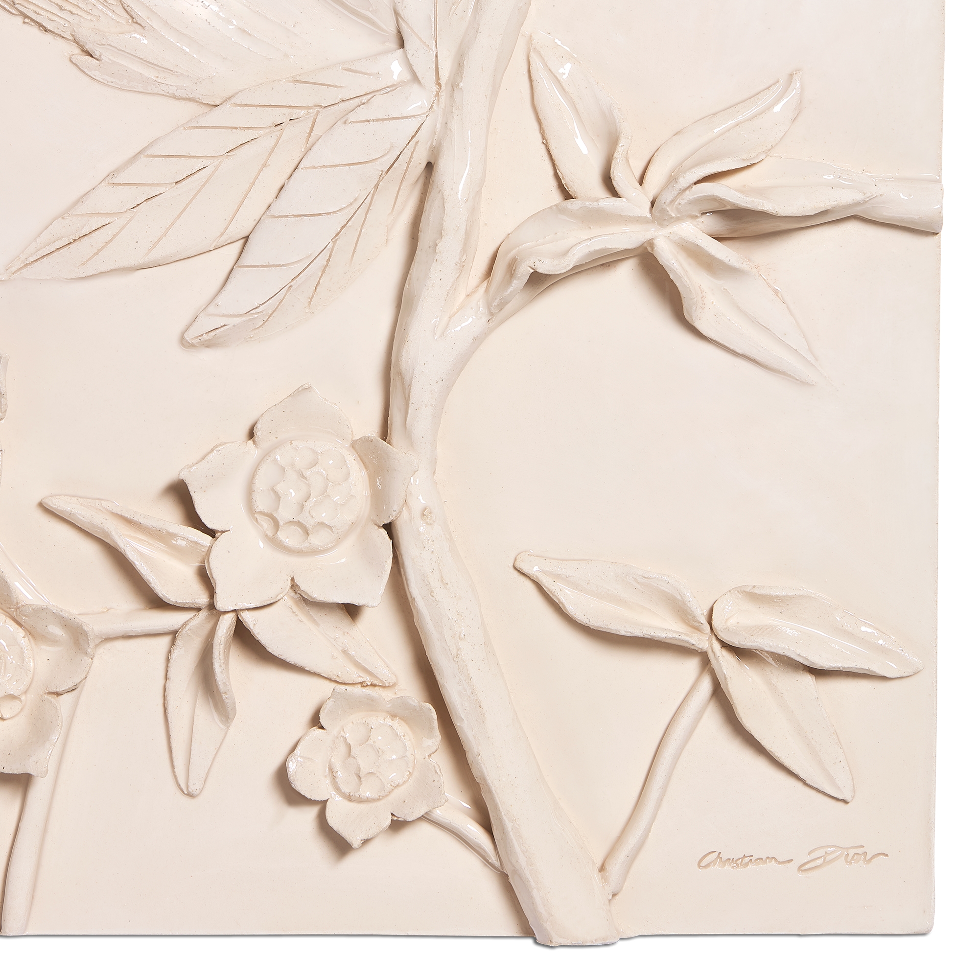 LIMITED EDITION Decorative Artwork Beige Ceramic with Bas-Relief Floral Motif E10
