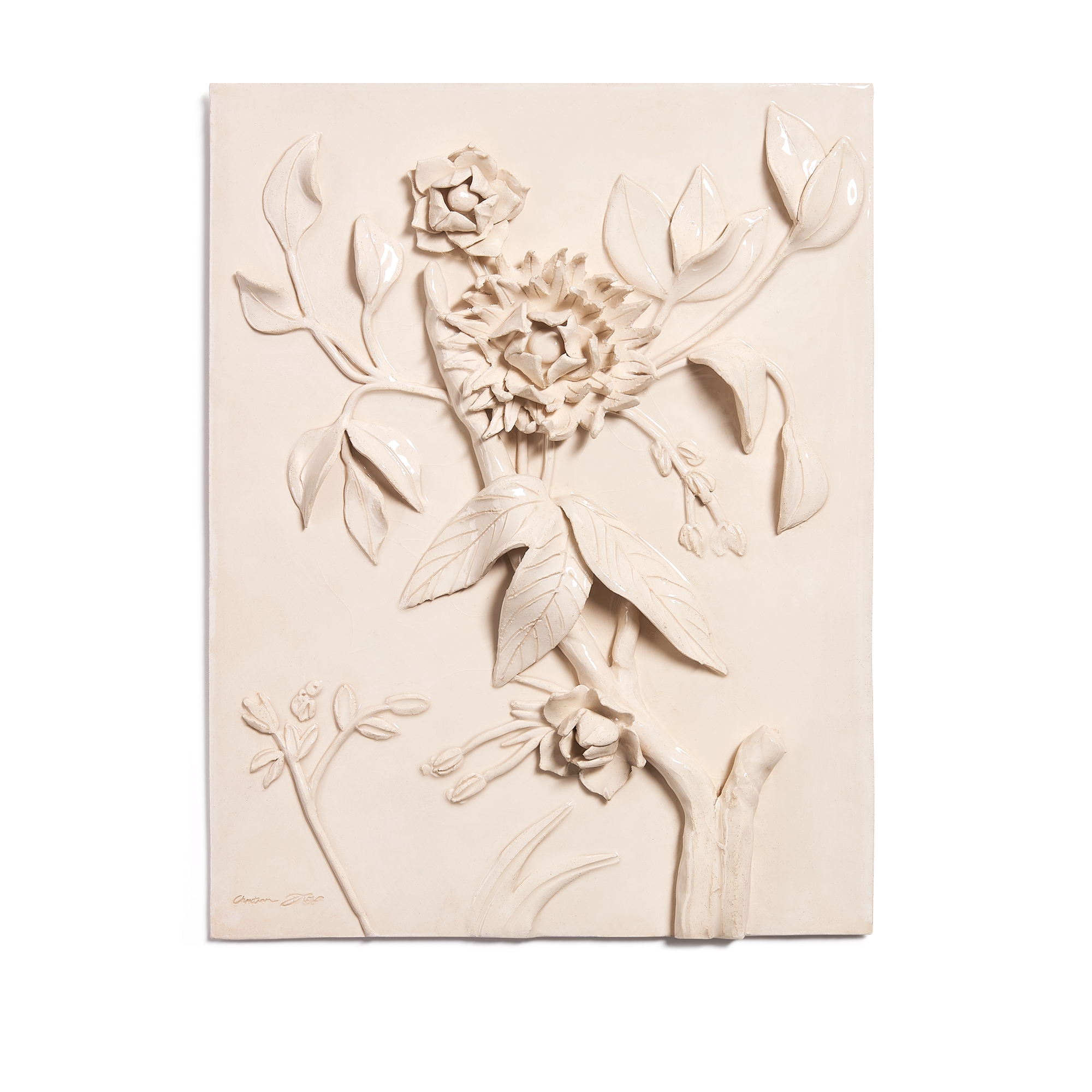 LIMITED EDITION Decorative Artwork Beige Ceramic with Bas-Relief Thistle Motif E01