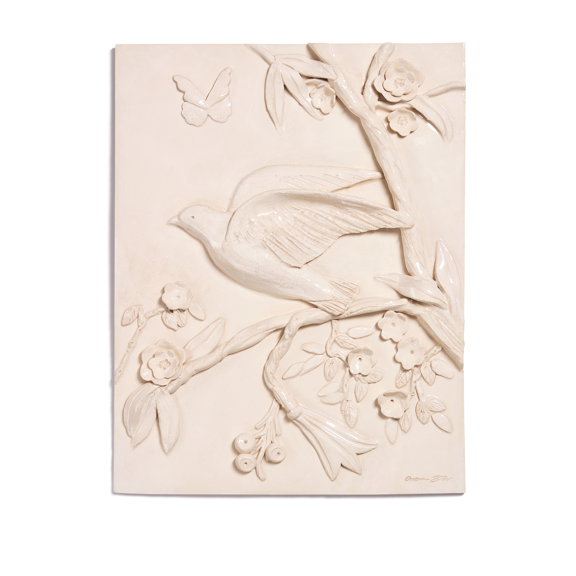 LIMITED EDITION Decorative Artwork Beige Ceramic with Bas-Relief Bird Motif E01