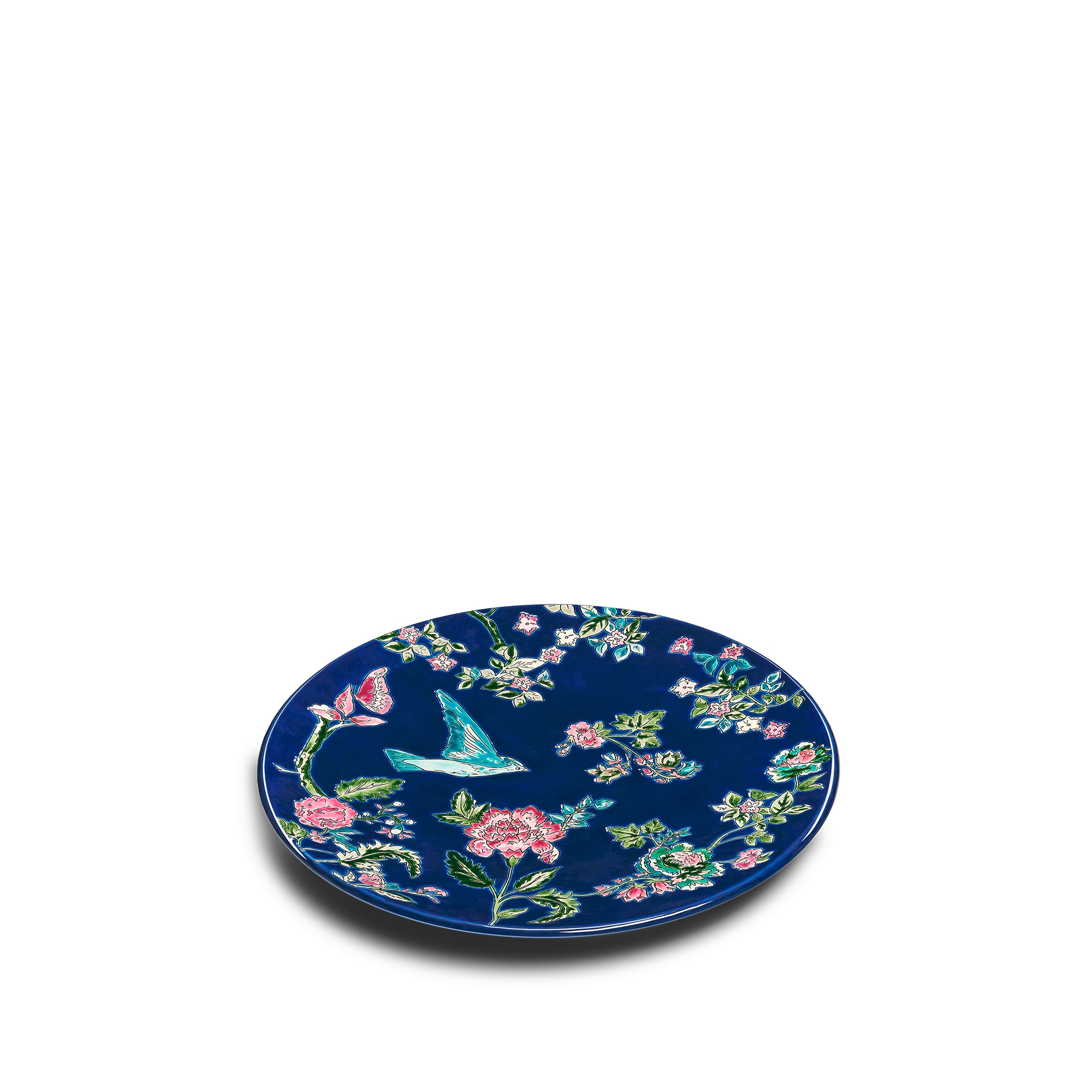 Large Dish Manufacture des Émaux de Longwy for Dior, Blue Ceramic and Enamel with Multicolor Floral Motif E06