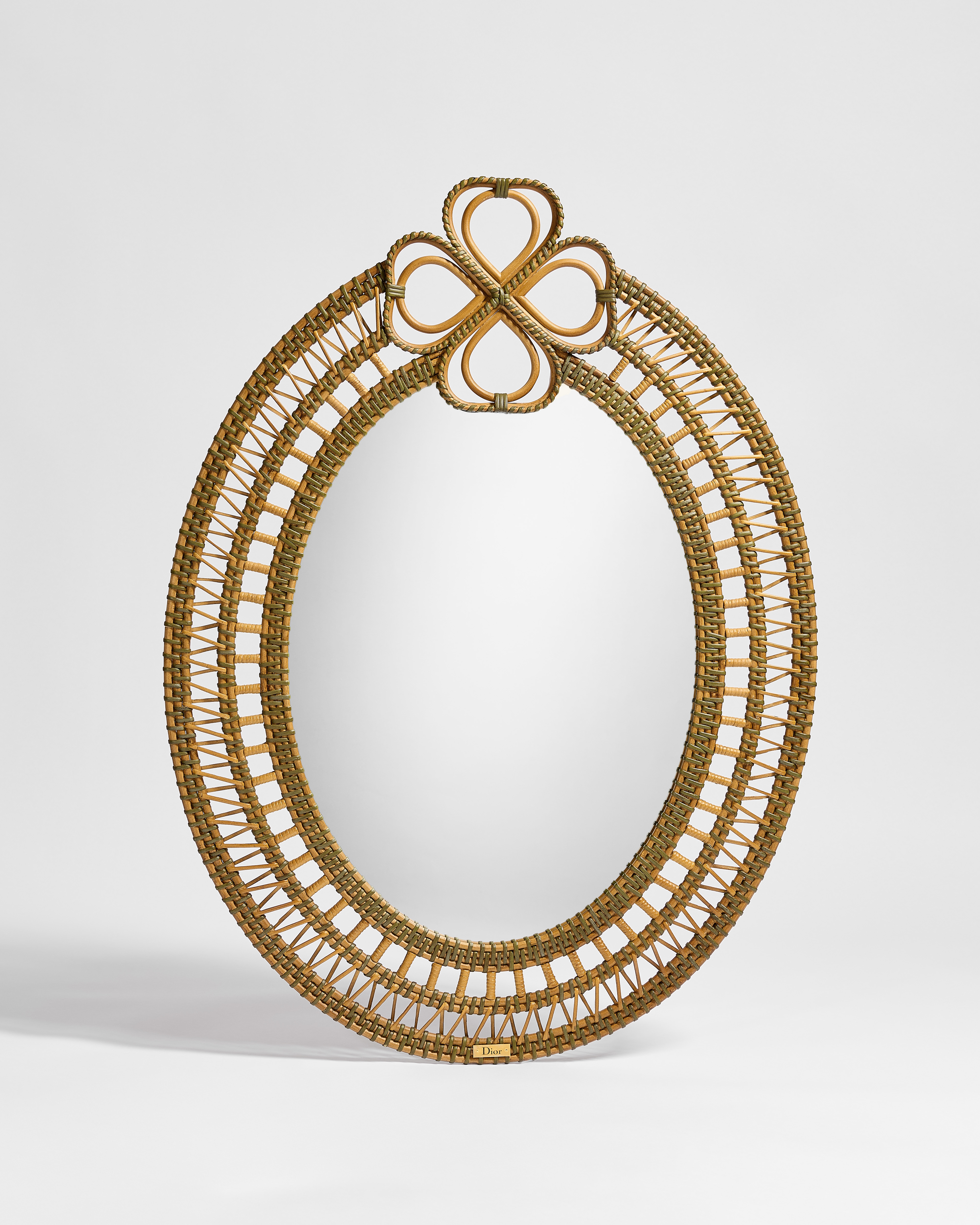 Mirror Natural and Green Rattan and Poplar Wood with Clover Motif E01