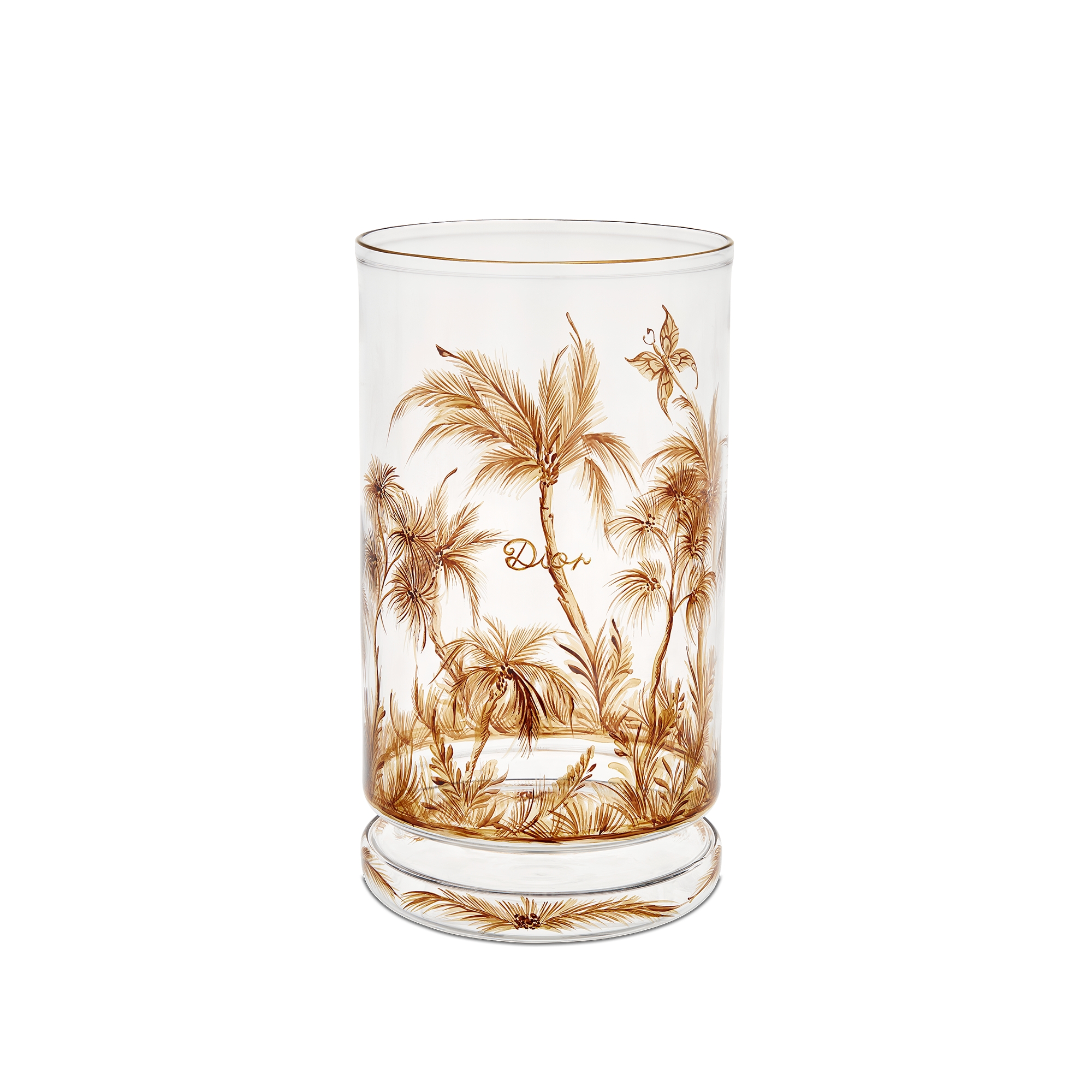 Mini Lamp Transparent Glass Hand Painted with Beige Toile de Jouy Palms Motif E01