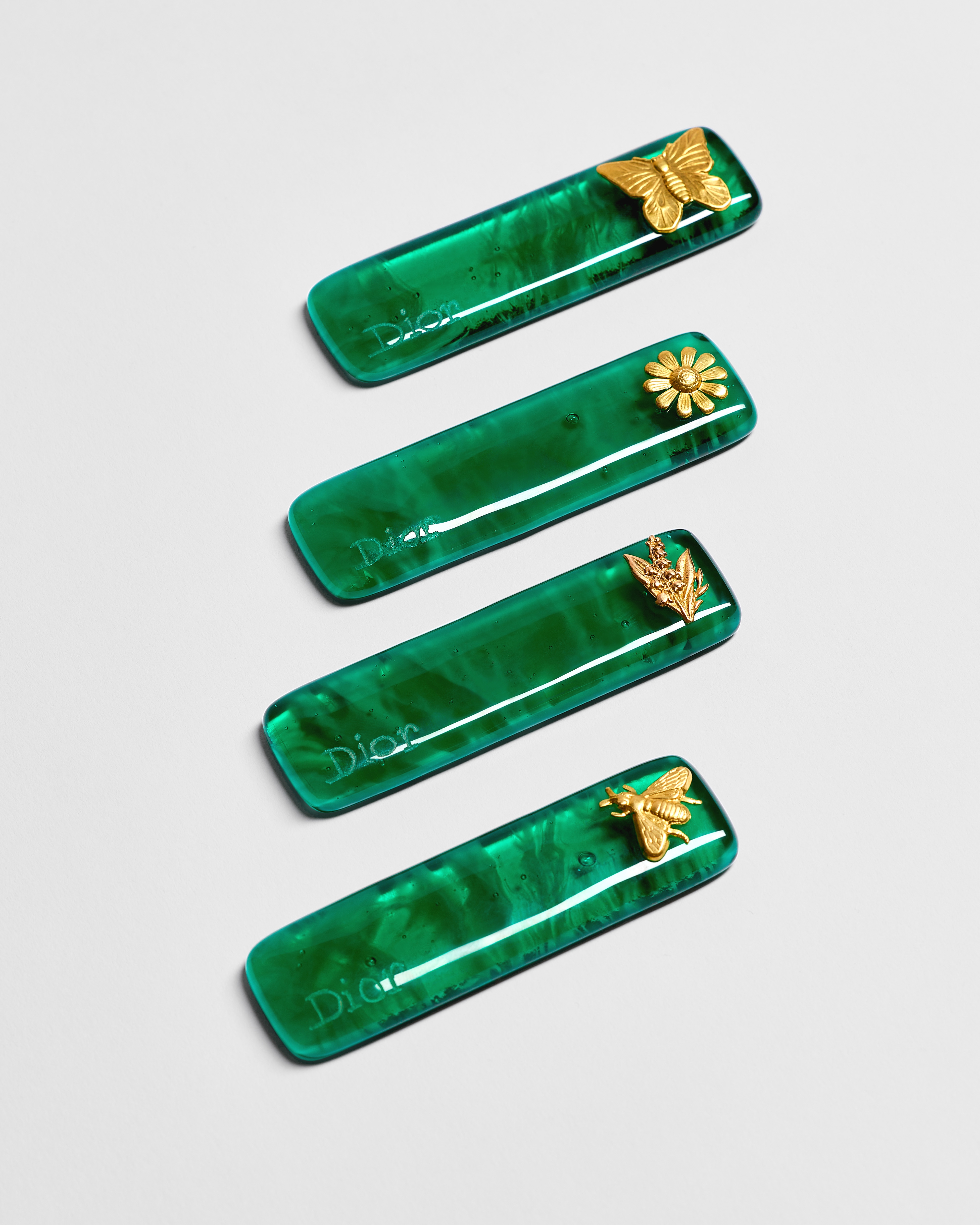 Set of Four Decorative Table Accessories Green Glass with Gold-Tone Les Milly Motif E01