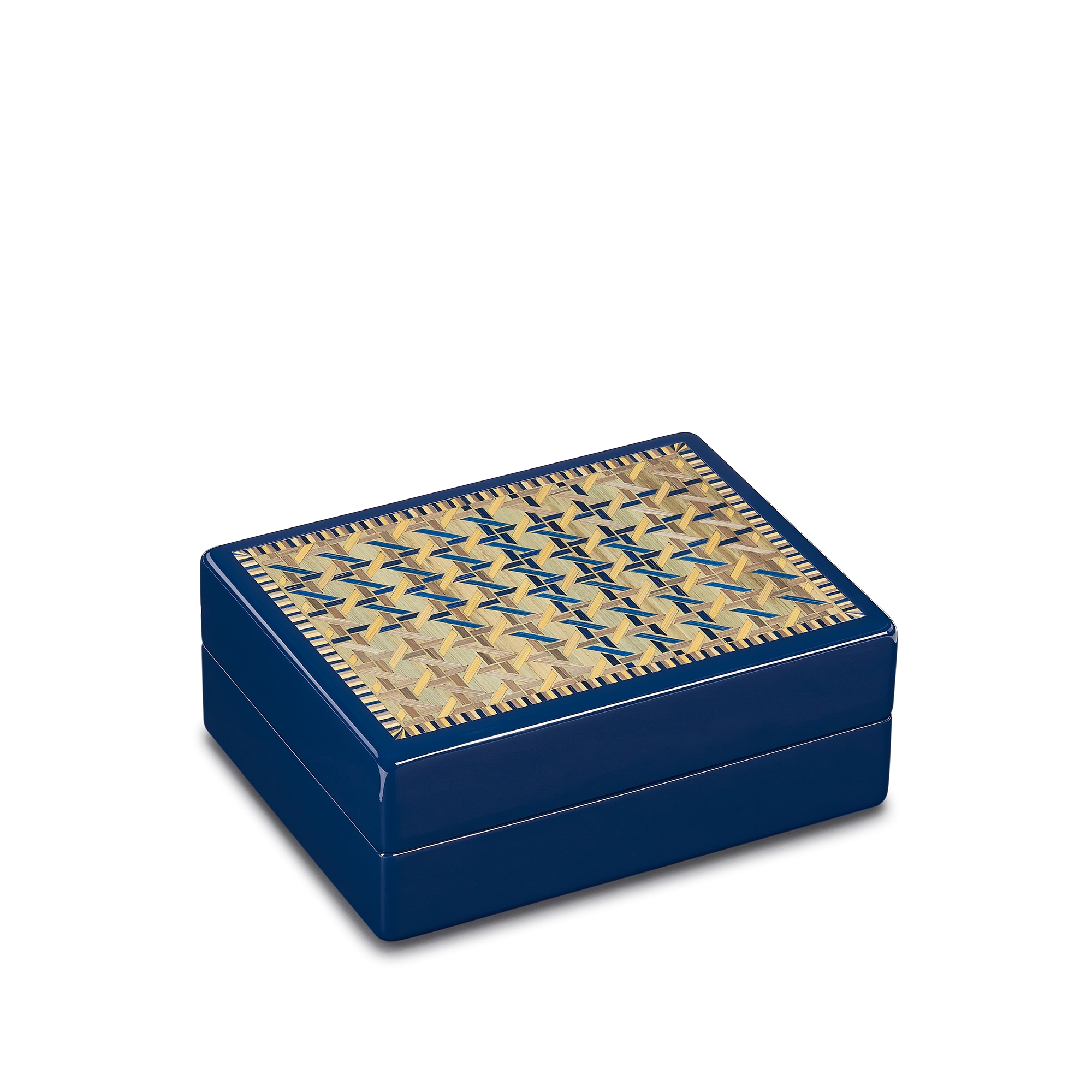 Grande boîte à bijoux Bois laqué et marqueterie de paille à motif Cannage Tartan bleus E03
