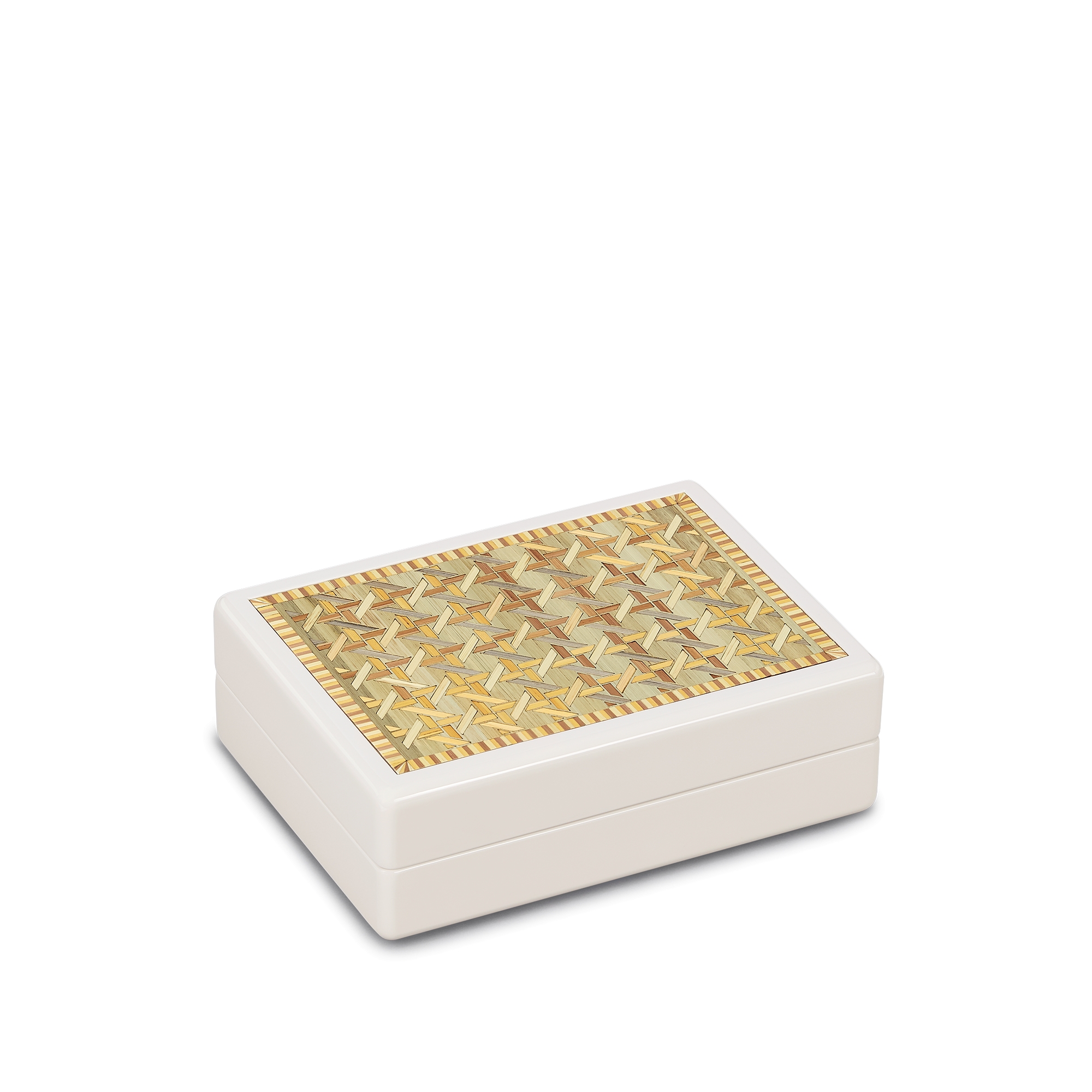 Boîte à bijoux Bois laqué et marqueterie de paille à motif Cannage Tartan blancs E03