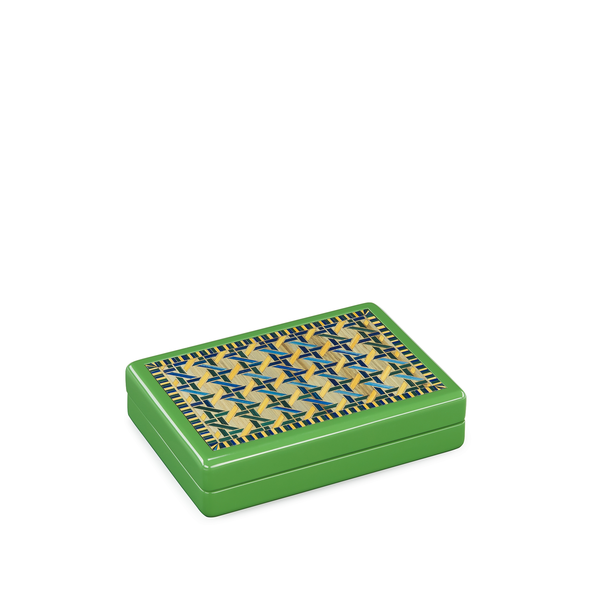 Small Jewelry Box Green Cannage Tartan Lacquered Wood and Straw