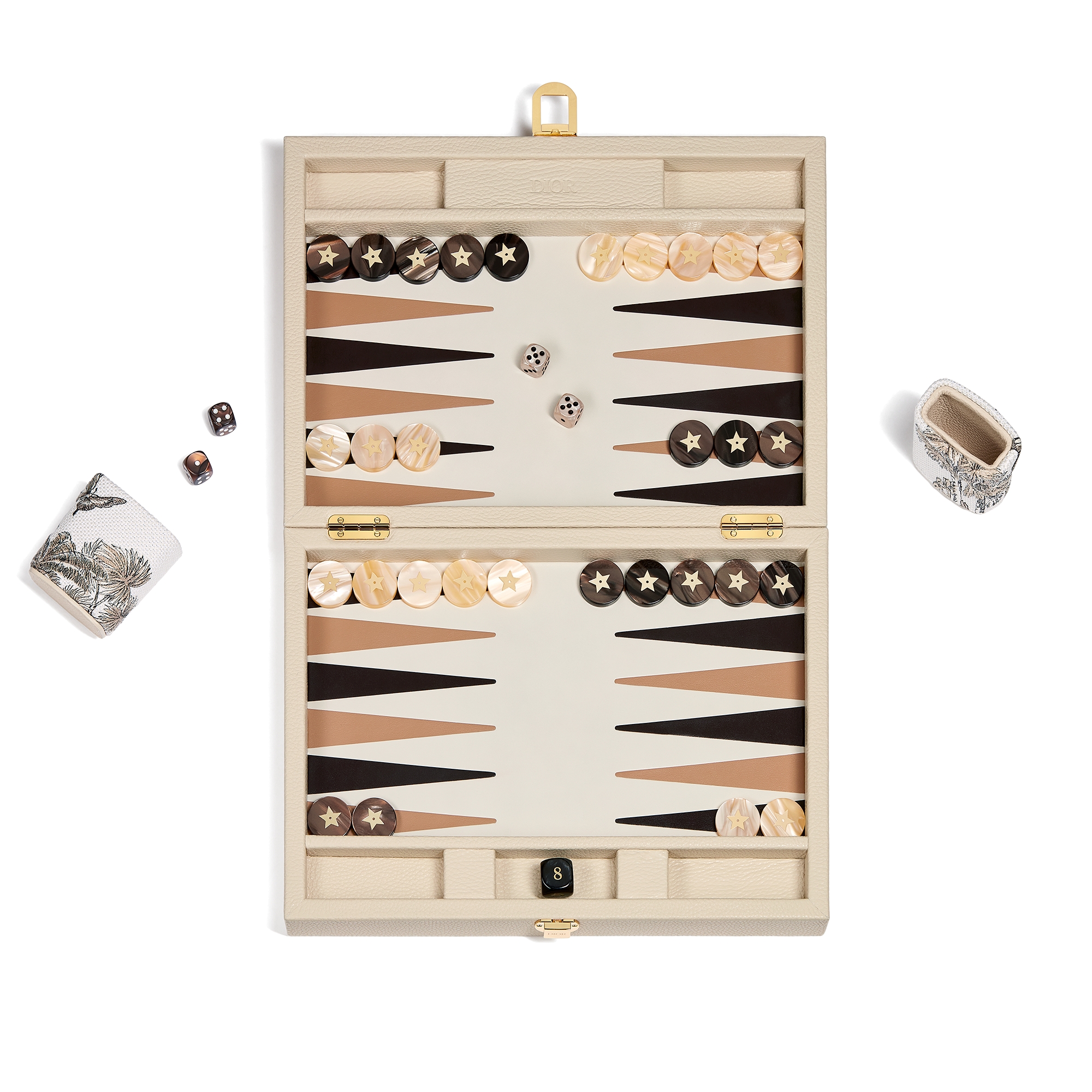 Backgammon Cuir de vachette et toile brodée à motif Toile de Jouy Palms beige et blanc E06