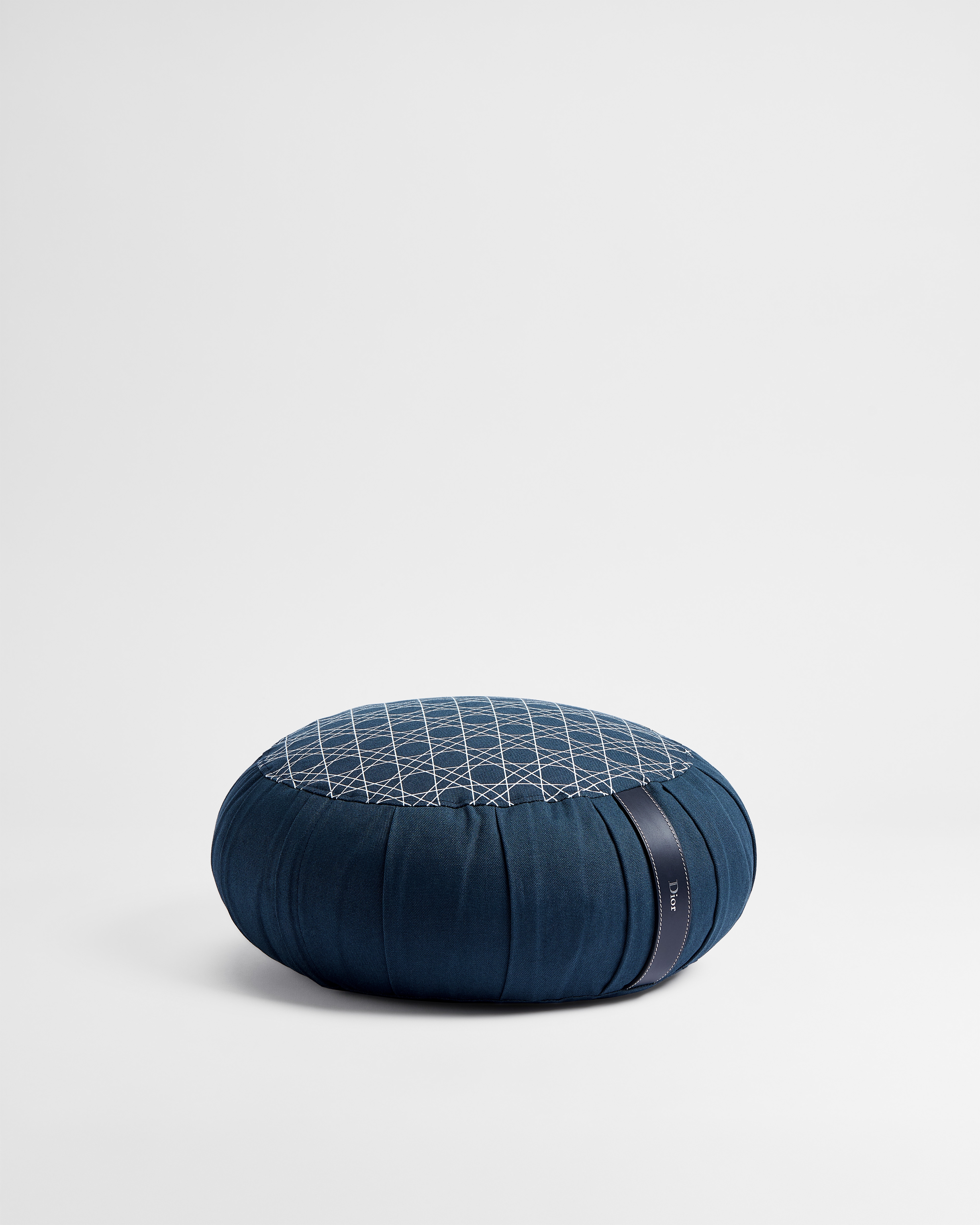 Meditation Pillow Deep Blue Cotton and Leather with White Cannage Motif E06