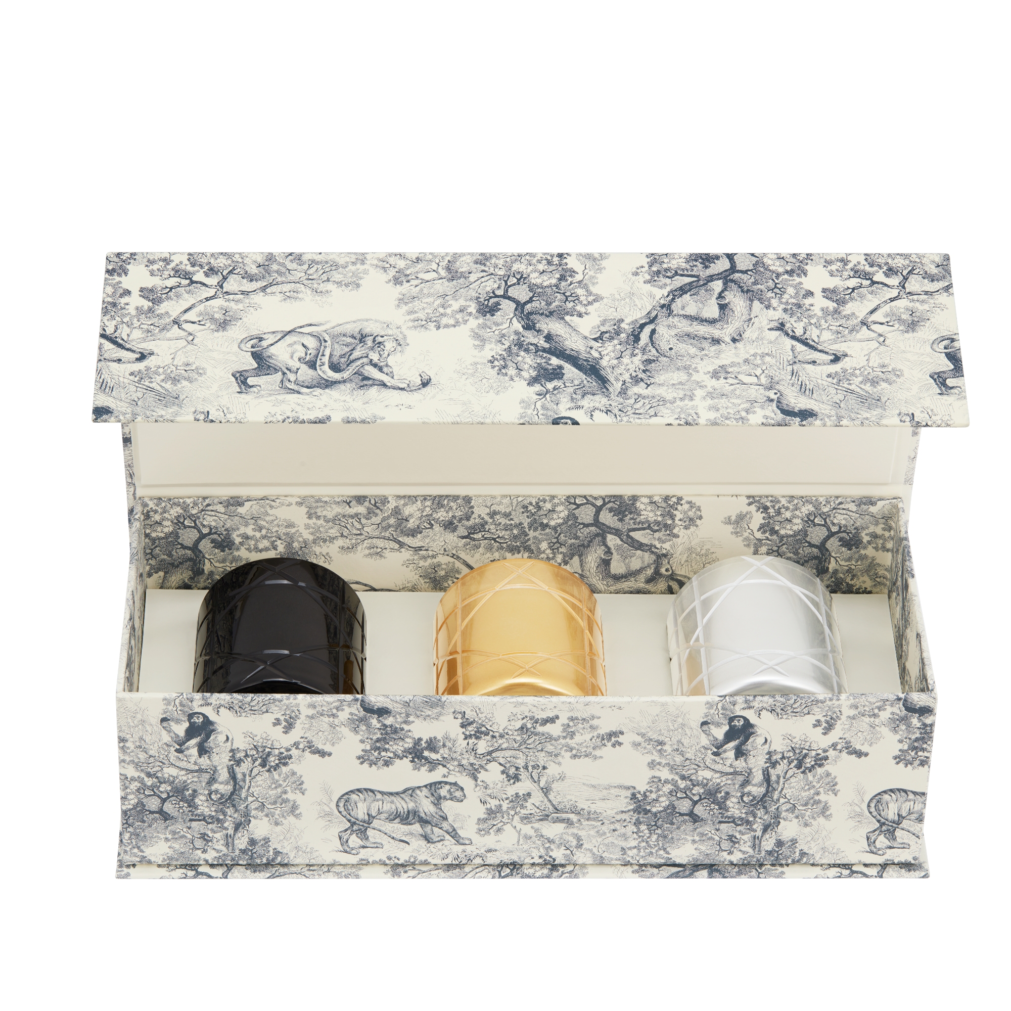 Set of Three Scented Mini Candles: Résines Boisées, Ambre d'Or and Muguet Encens Black, Gold-Tone and Silver-Tone Cannage E06