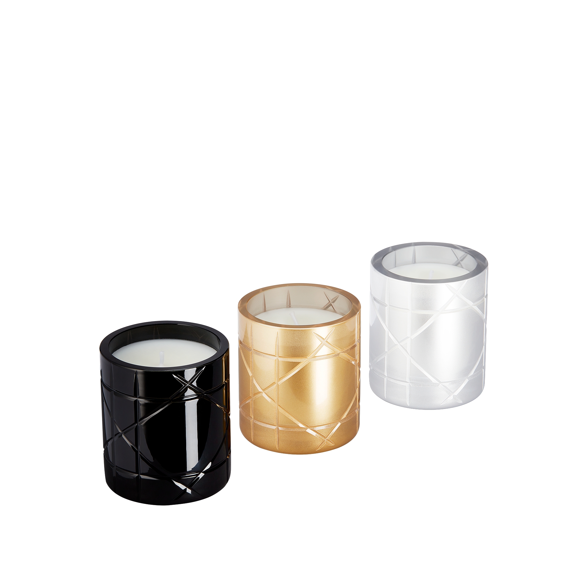 Set of Three Scented Mini Candles: Résines Boisées, Ambre d'Or and Muguet Encens Black, Gold-Tone and Silver-Tone Cannage E10