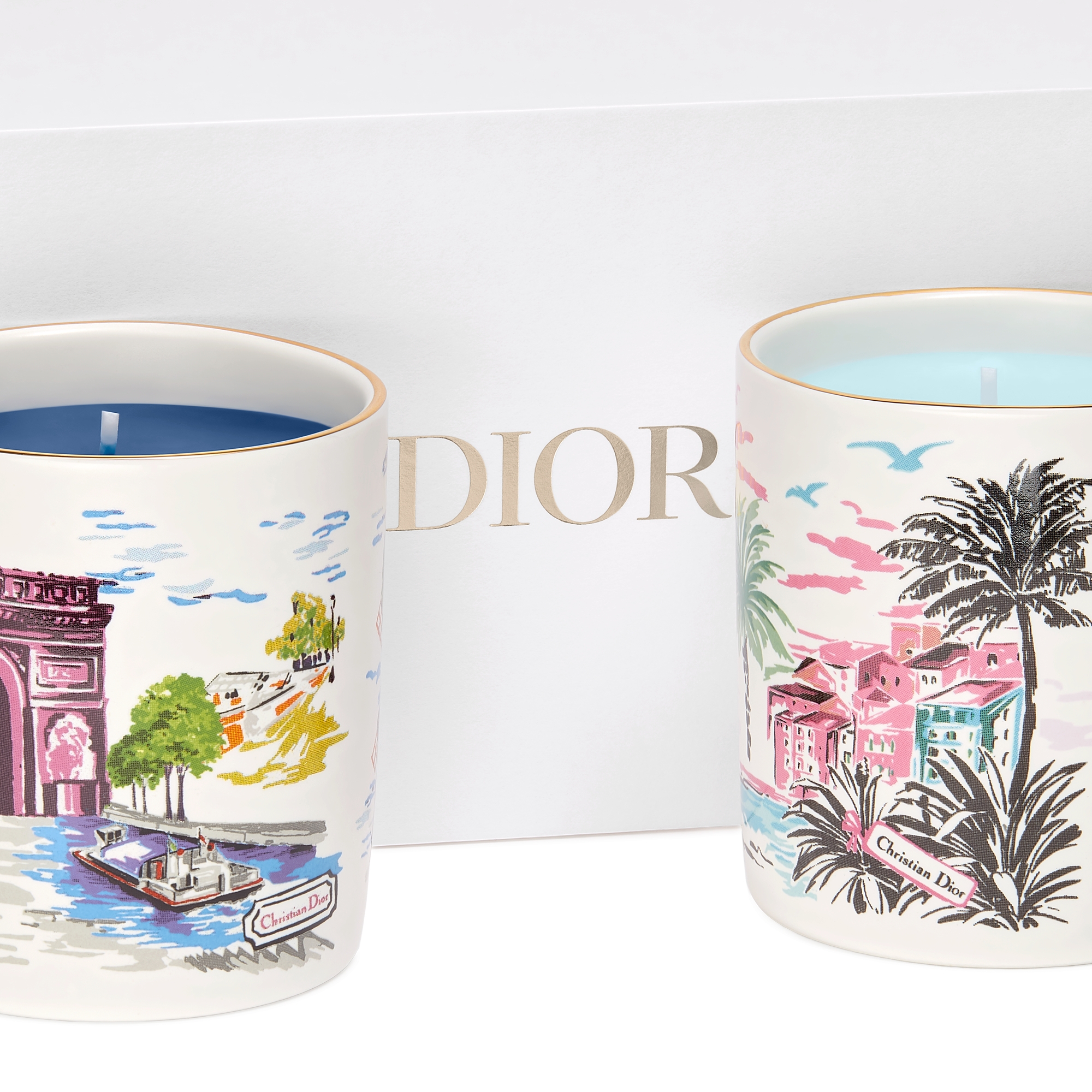 Set of Two Scented Candles: Orange du Sud and Rose de Paris White Porcelain with Multicolor Dioriviera Souvenir Motif E09