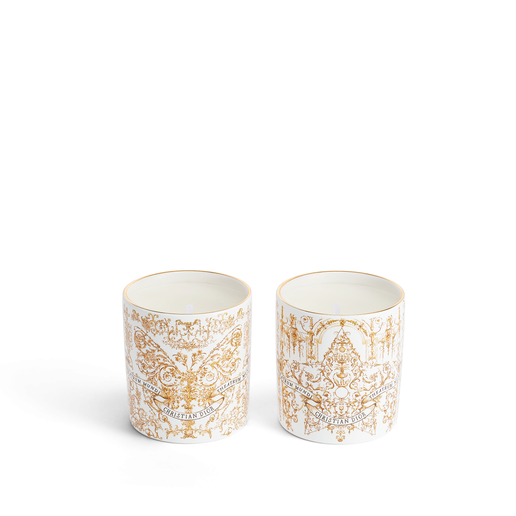 Set of Two Scented Mini Candles: Sapin Cyprès and Griotte Gingembre White Porcelain with Gold-Tone Dioresque Butterfly and Stella Motifs E01