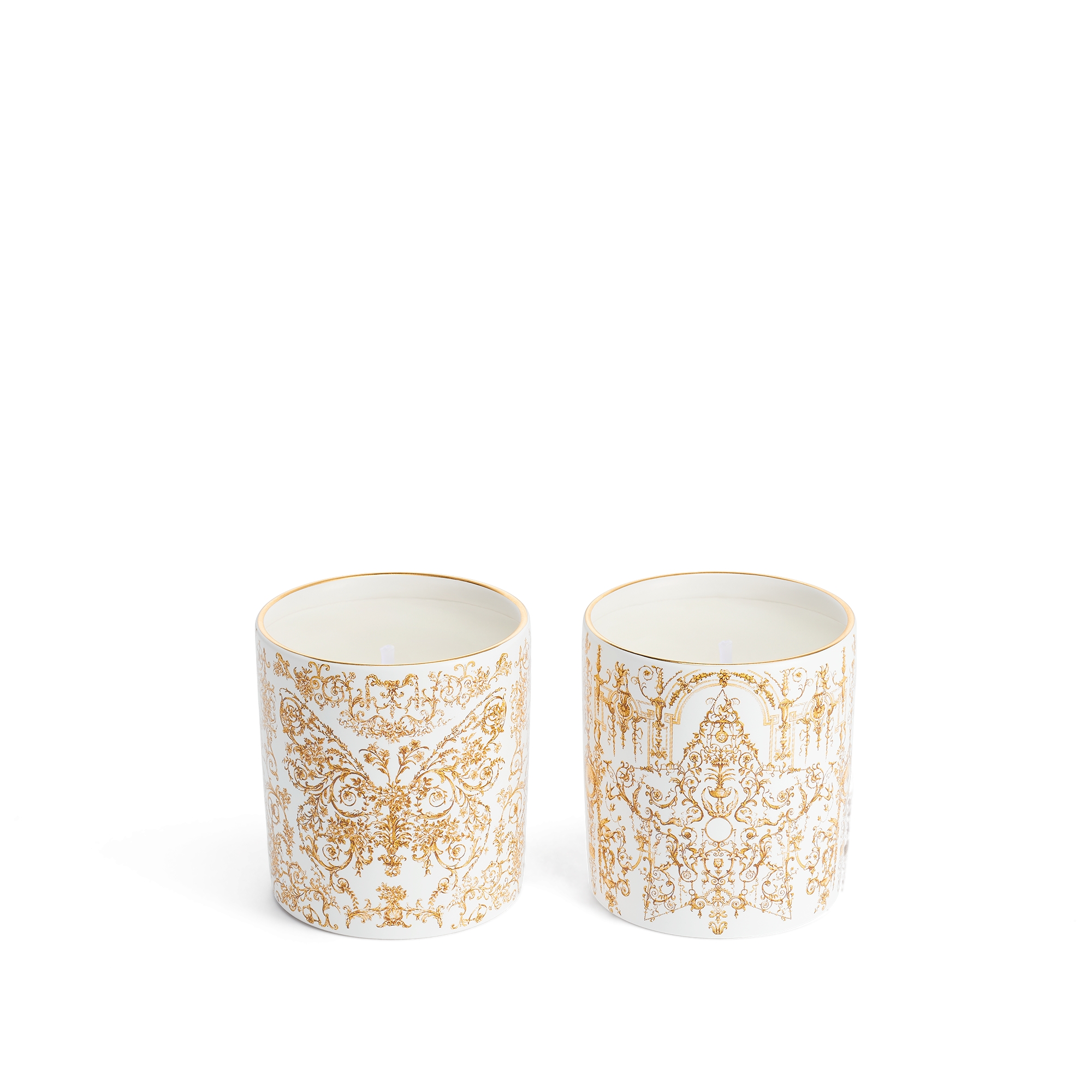 Set of Two Scented Mini Candles: Sapin Cyprès and Griotte Gingembre White Porcelain with Gold-Tone Dioresque Butterfly and Stella Motifs E08