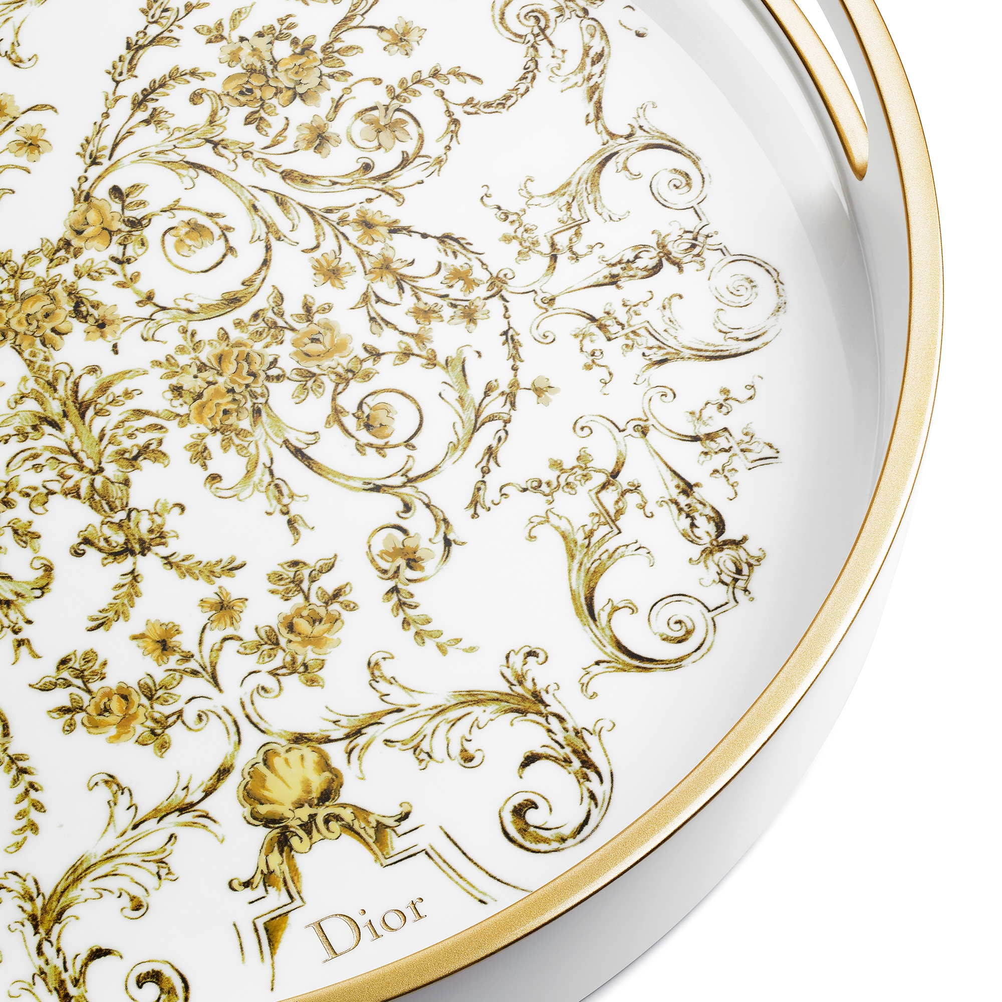 Round Tray White Lacquered Wood with Gold-tone Dioresque Butterfly Motif E09