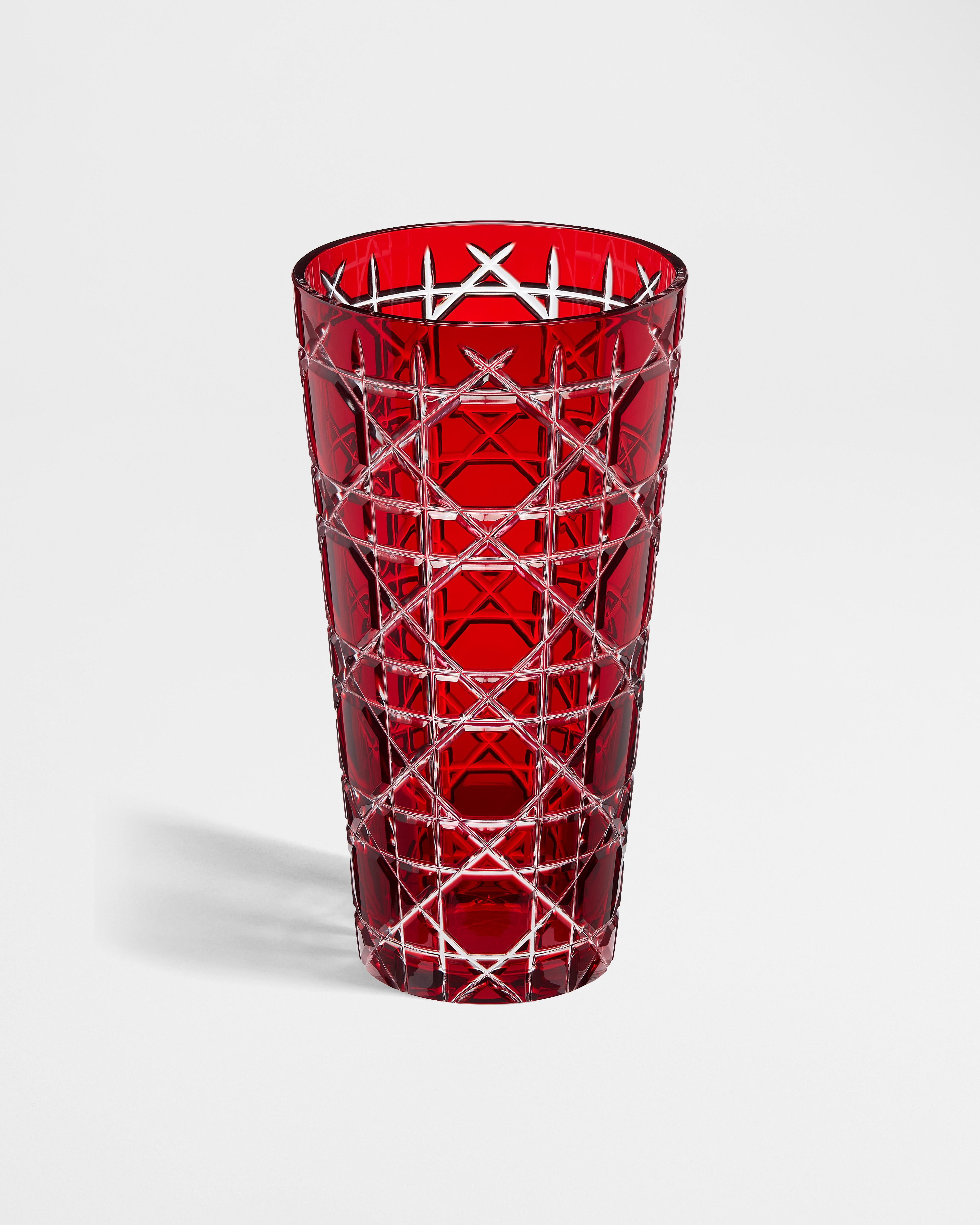 Conical Vase Transparent Red Crystal with Cannage Motif E01