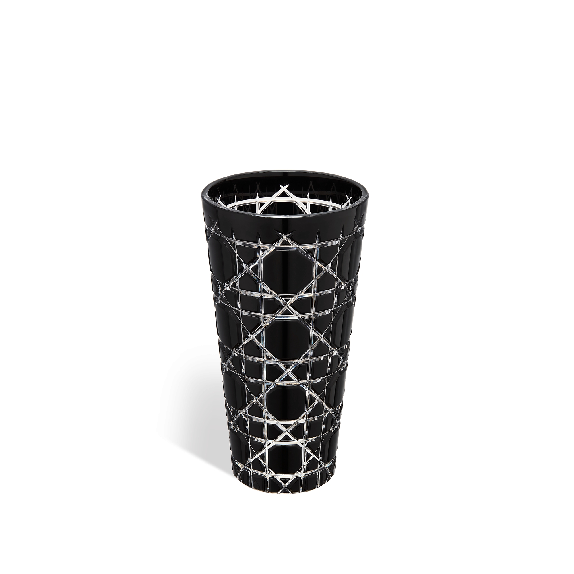 Conical Vase Transparent Black Crystal with Cannage Motif E08