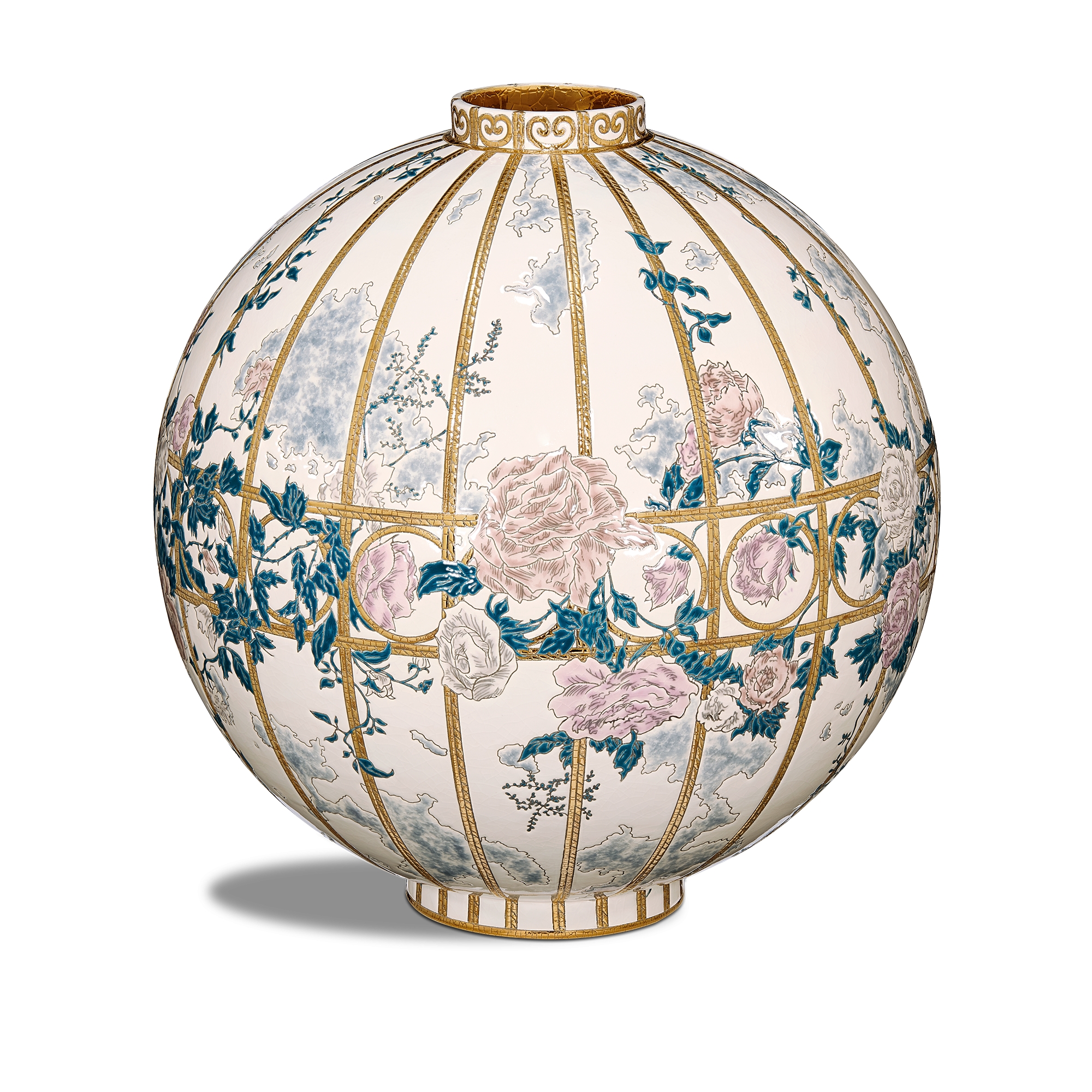 Large Round Vase - LIMITED AND NUMBERED EDITION Ecru Ceramic and Enamel with Multicolor Floral Granville Motif and Gold E01