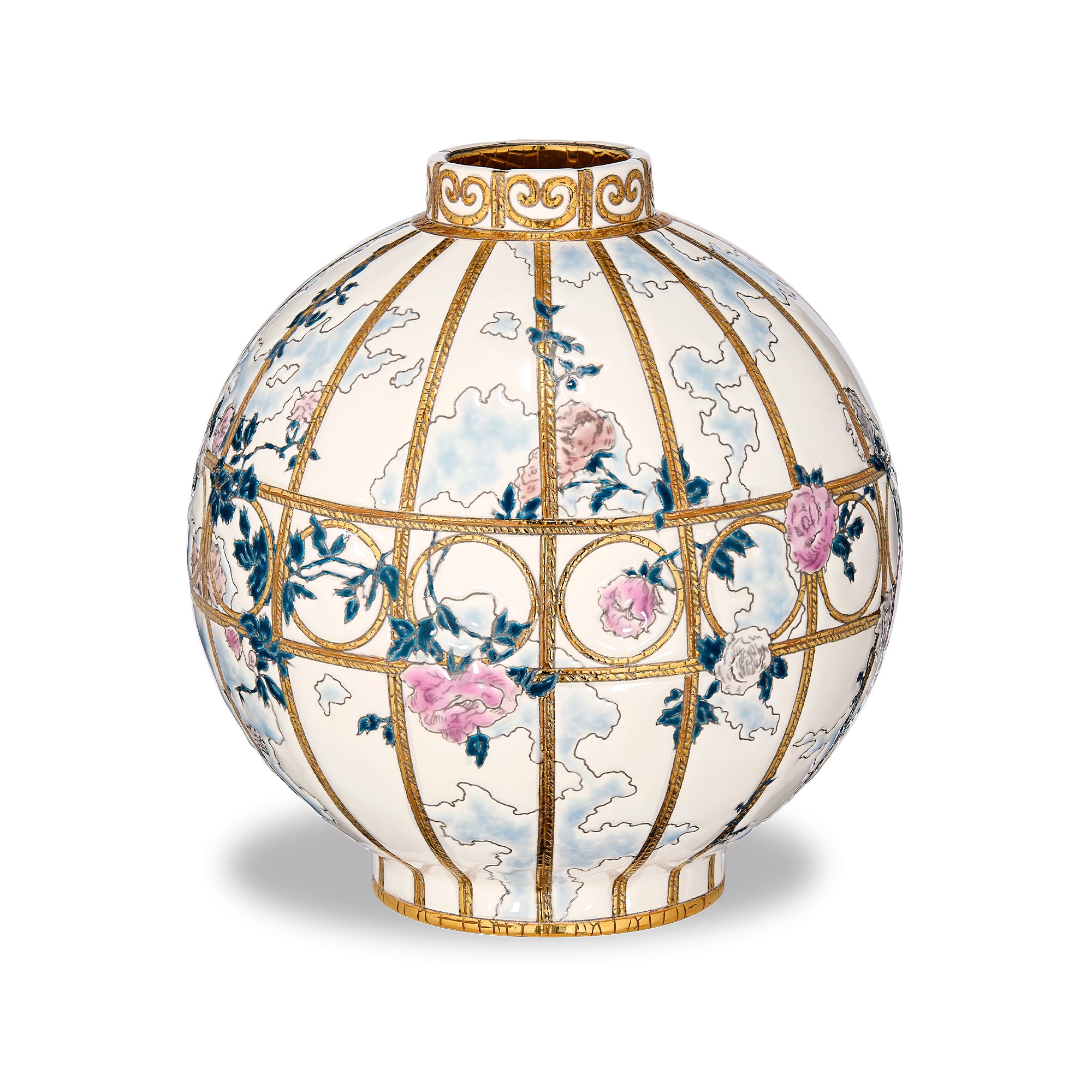 Round Vase - LIMITED AND NUMBERED EDITION Ecru Ceramic and Enamel with Multicolor Floral Granville Motif and Gold E01