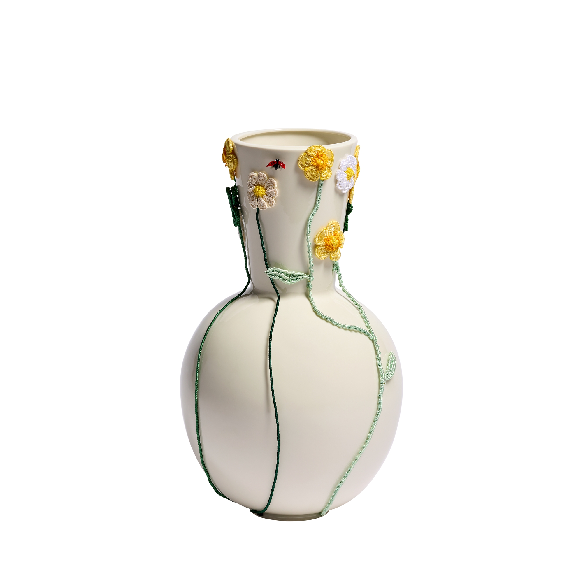 Vase White Porcelain, Multicolor Macramé and Glass, Laurentine