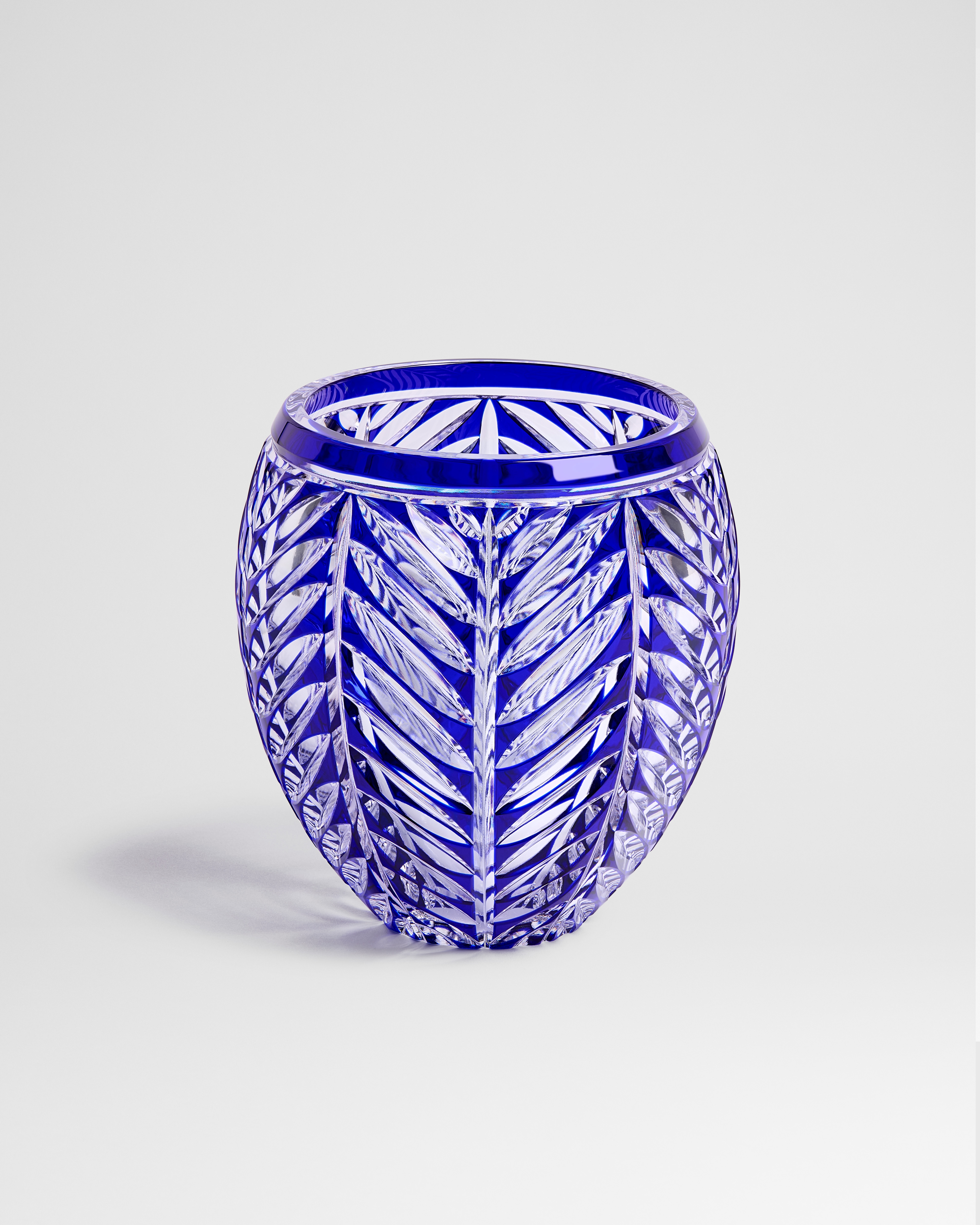 Vaso rotondo Cristallo blu trasparente con motivo a spina di pesce E01