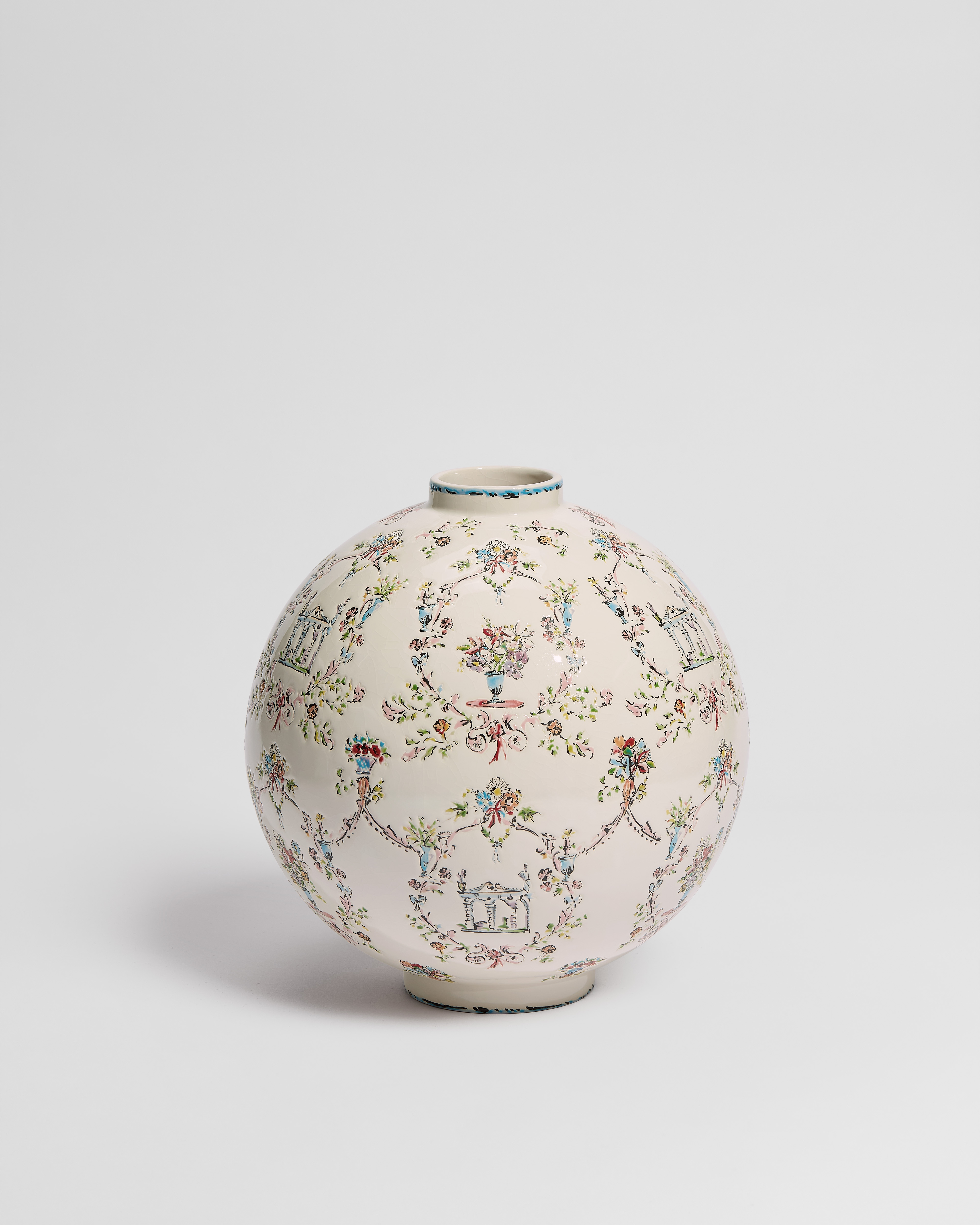 Round Vase - LIMITED AND NUMBERED EDITION Ecru Ceramic and Enamel with Multicolor Dior Arabesque Motif E01