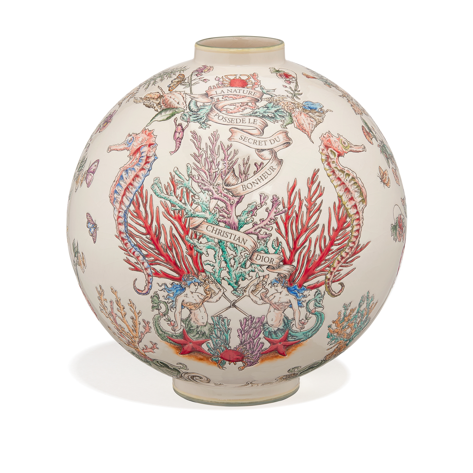 Manufacture des Émaux de Longwy for Dior Round Vase - LIMITED AND NUMBERED EDITION White Ceramic with Multicolor Dior Cabinet de la Mer Motif E01