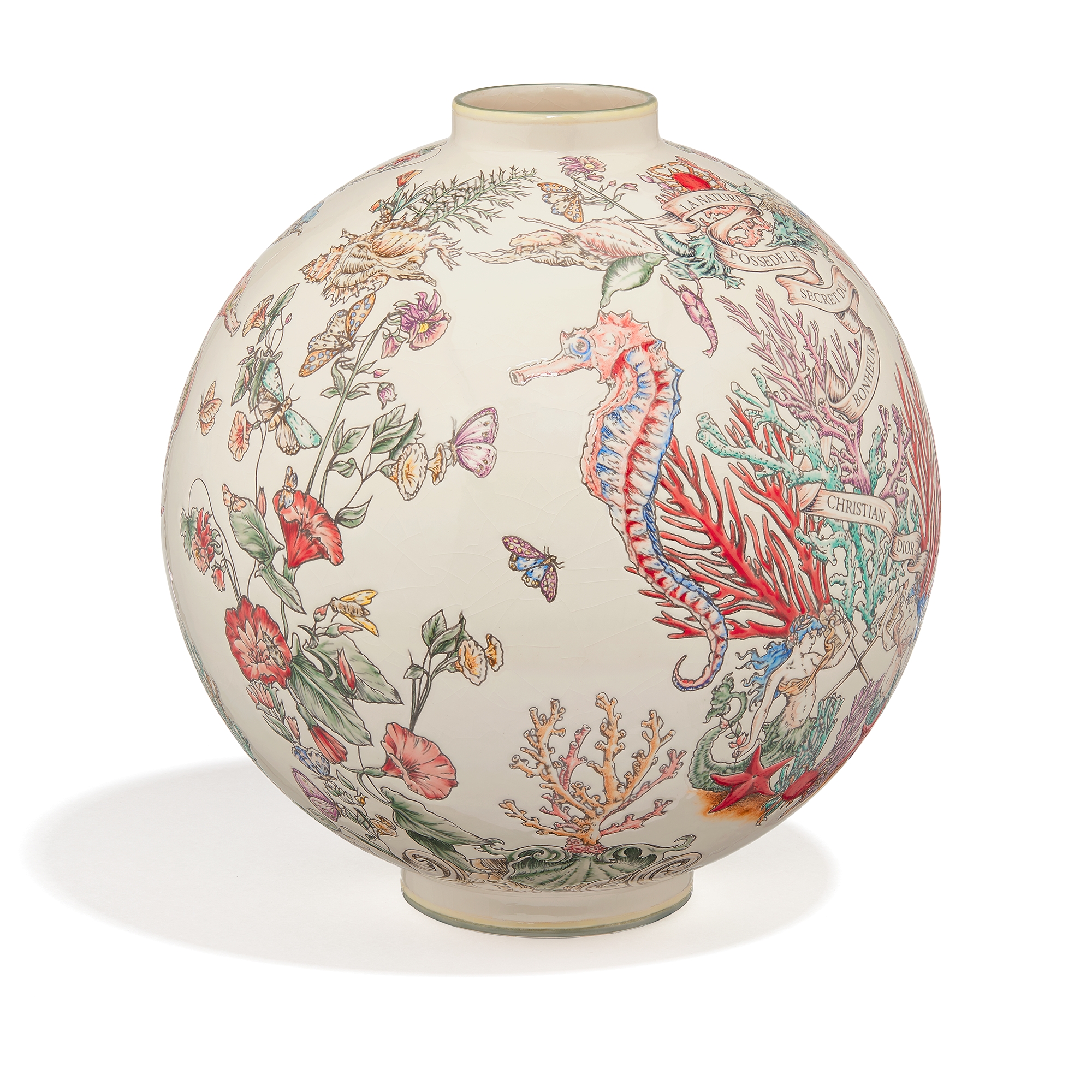 Manufacture des Émaux de Longwy for Dior Round Vase - LIMITED AND NUMBERED EDITION White Ceramic with Multicolor Dior Cabinet de la Mer Motif E03