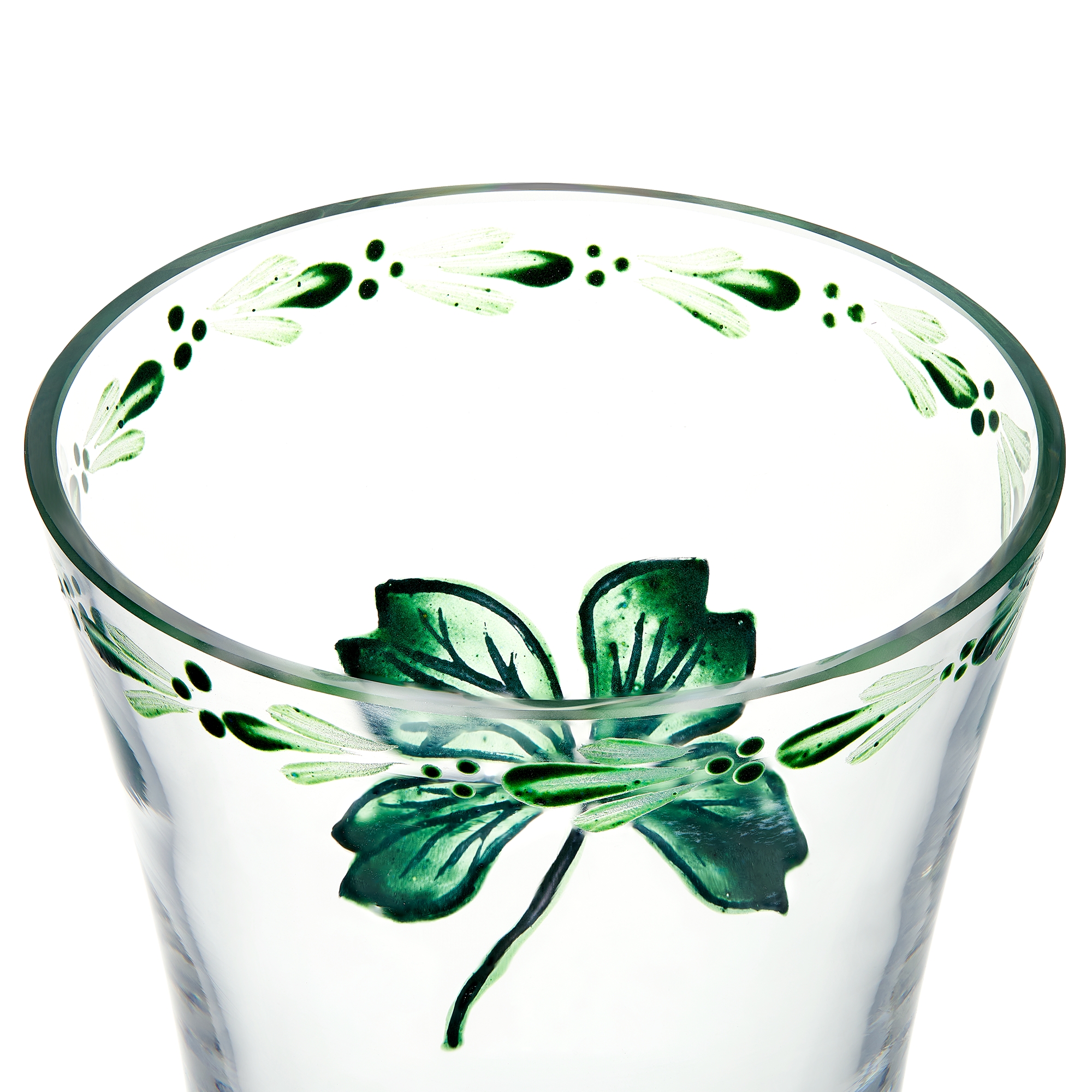 Von Hand bemalte Vase Transparentes Glas verziert mit grünem Klee E09