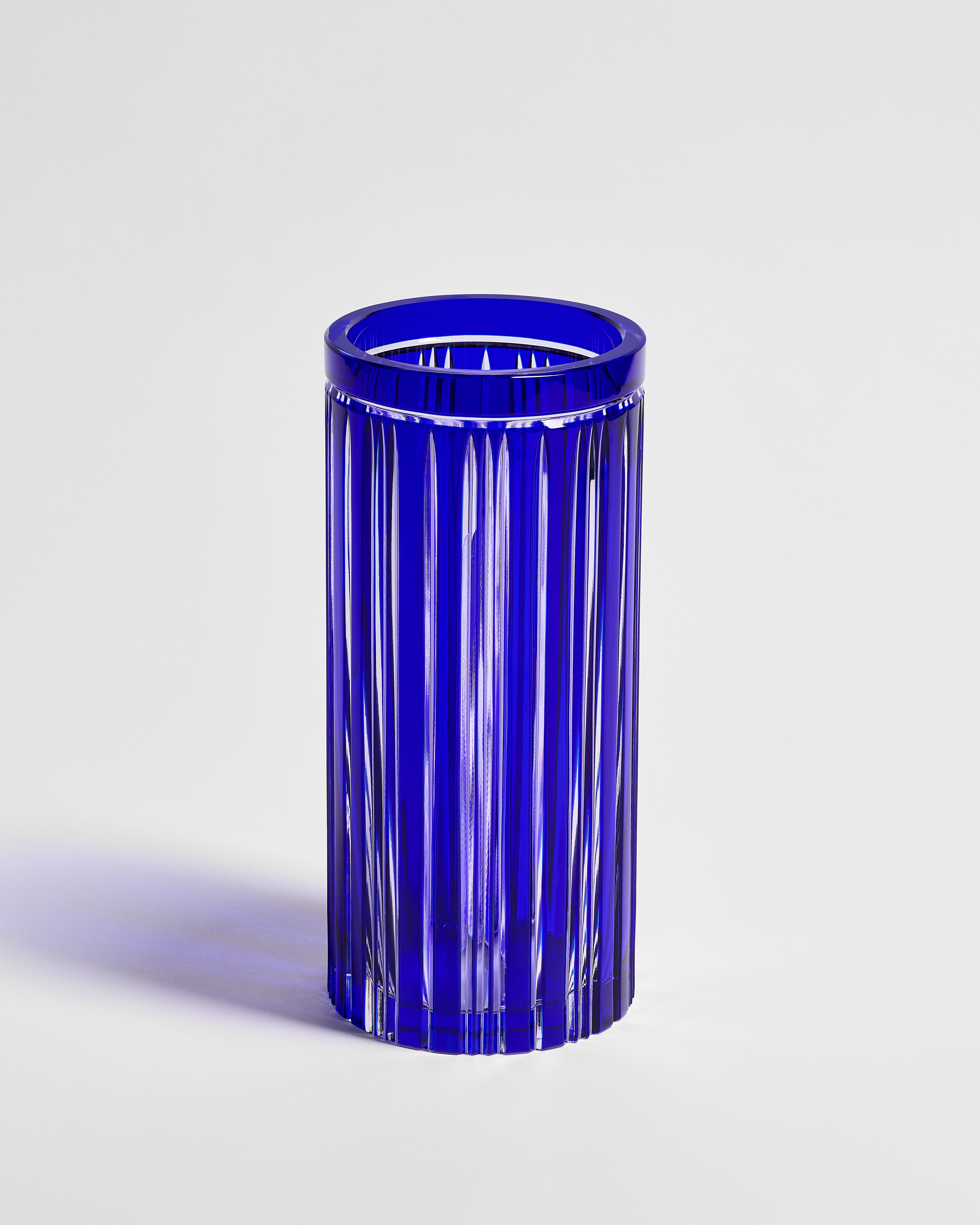 Cylindrical Vase Transparent Blue Crystal with Stripe Motif E01